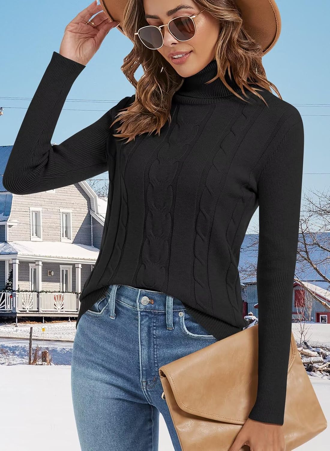 Detalle de JOCAFIYE Women's Cable-Knit Turtleneck Sweater, Long Sleeve, Stretch Fit