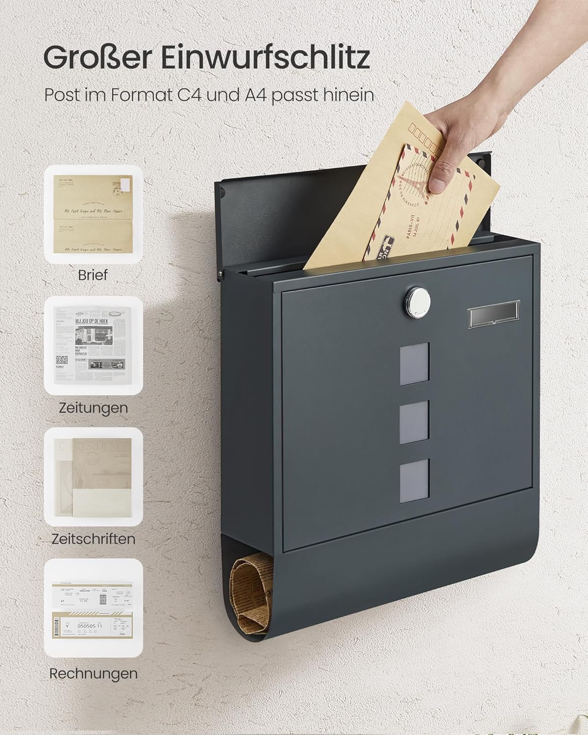 Detalle 2 de SONGMICS GMB120G01 Briefkasten 11 x 37 x 37 cm đź“®