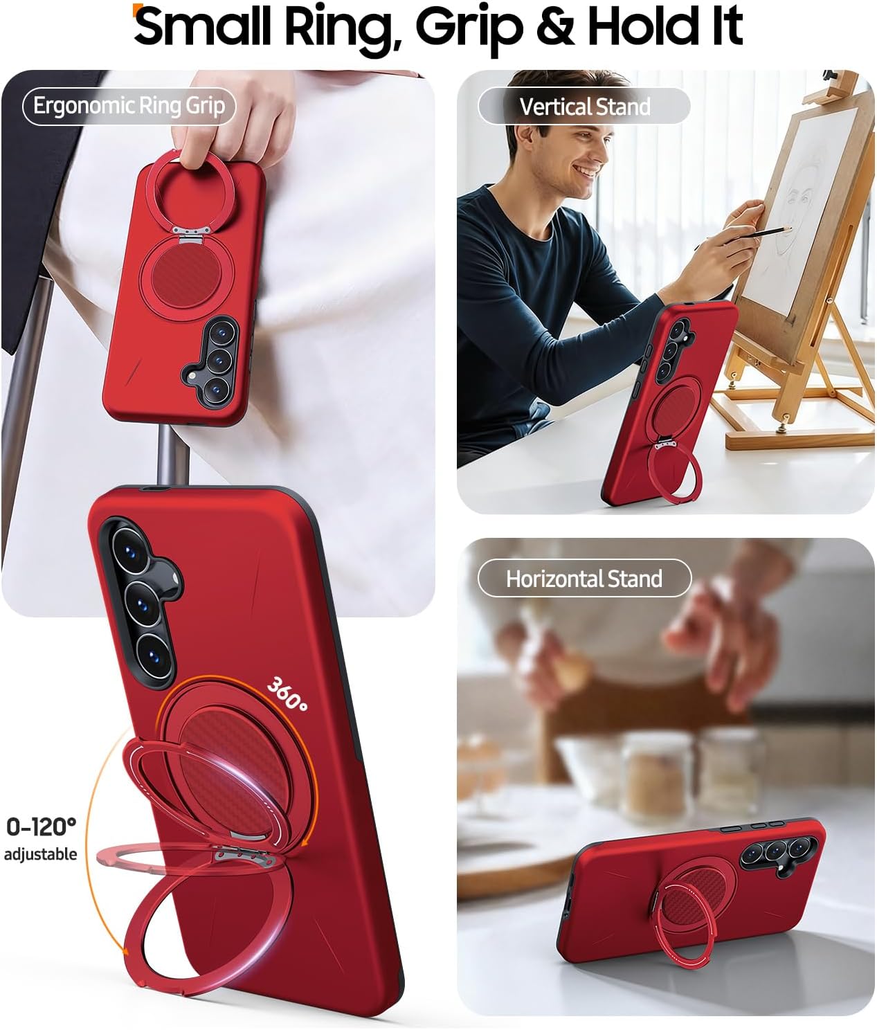 Thumbnail 1 de JAME Galaxy S25 FE Case with Ring Stand, Dual-Layer Protection, and Screen Protectors (Red)