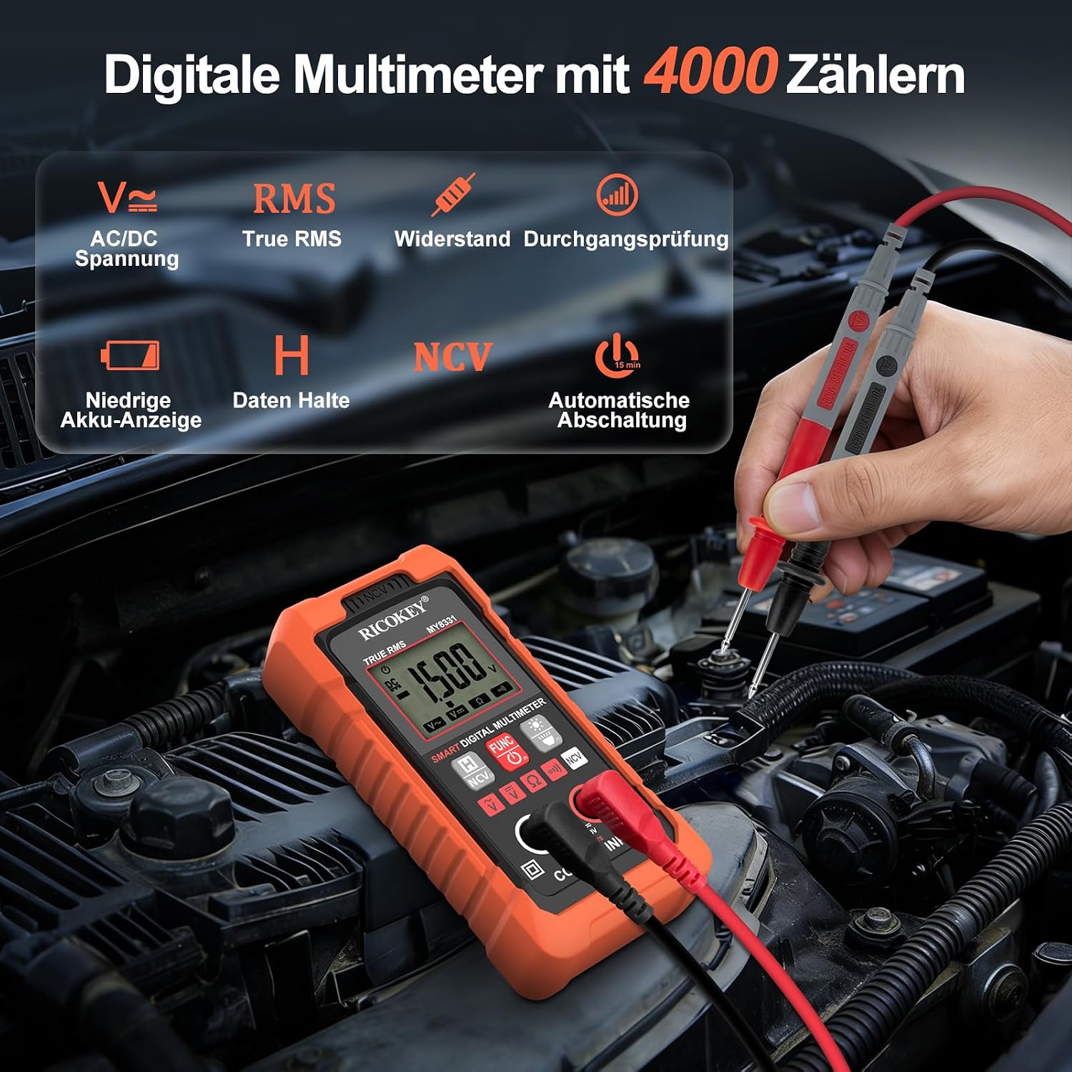Detalle 2 de Digitales Multimeter KFZ/Haushalt mit NCV-Spannungsprüfung – 4000 Zähler, Auto-Range & Durchgang