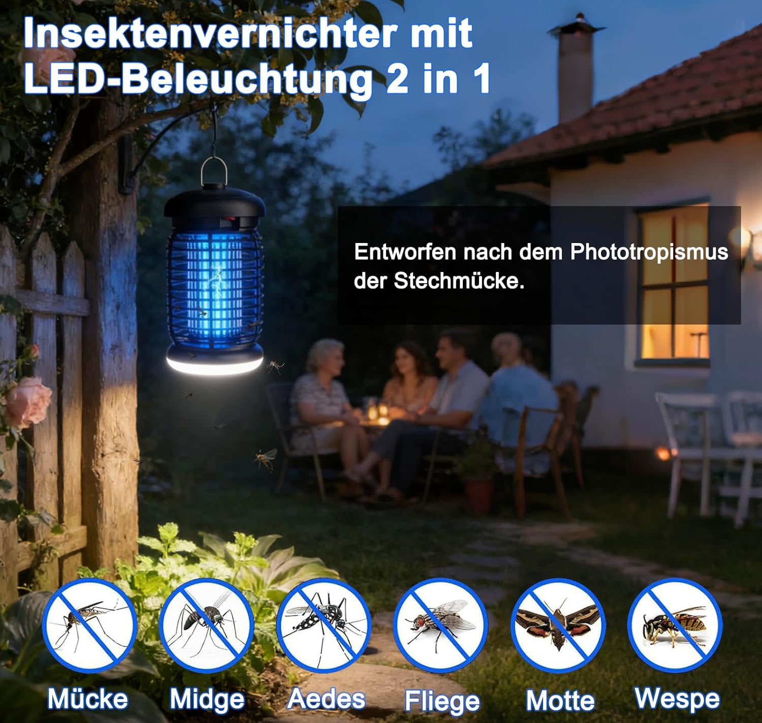 Thumbnail 1 de WUEAOA Insektenvernichter elektrisch mit UV-LED (4200V, 15W) für innen & außen, IPX4