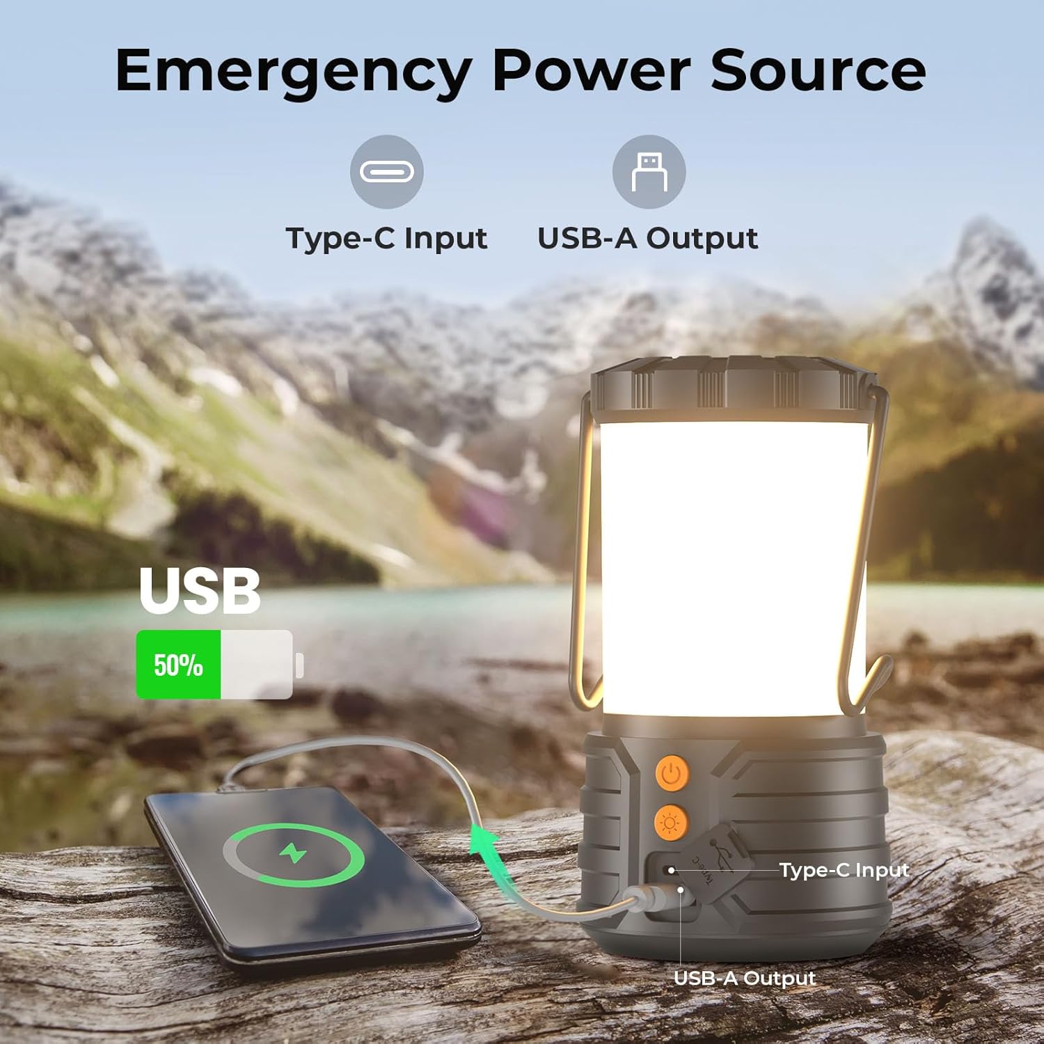 Detalle de Rechargeable LED Camping Lantern with 5000mAh Battery, 3 Colours & IPX4 Waterproof (Power Bank Design)