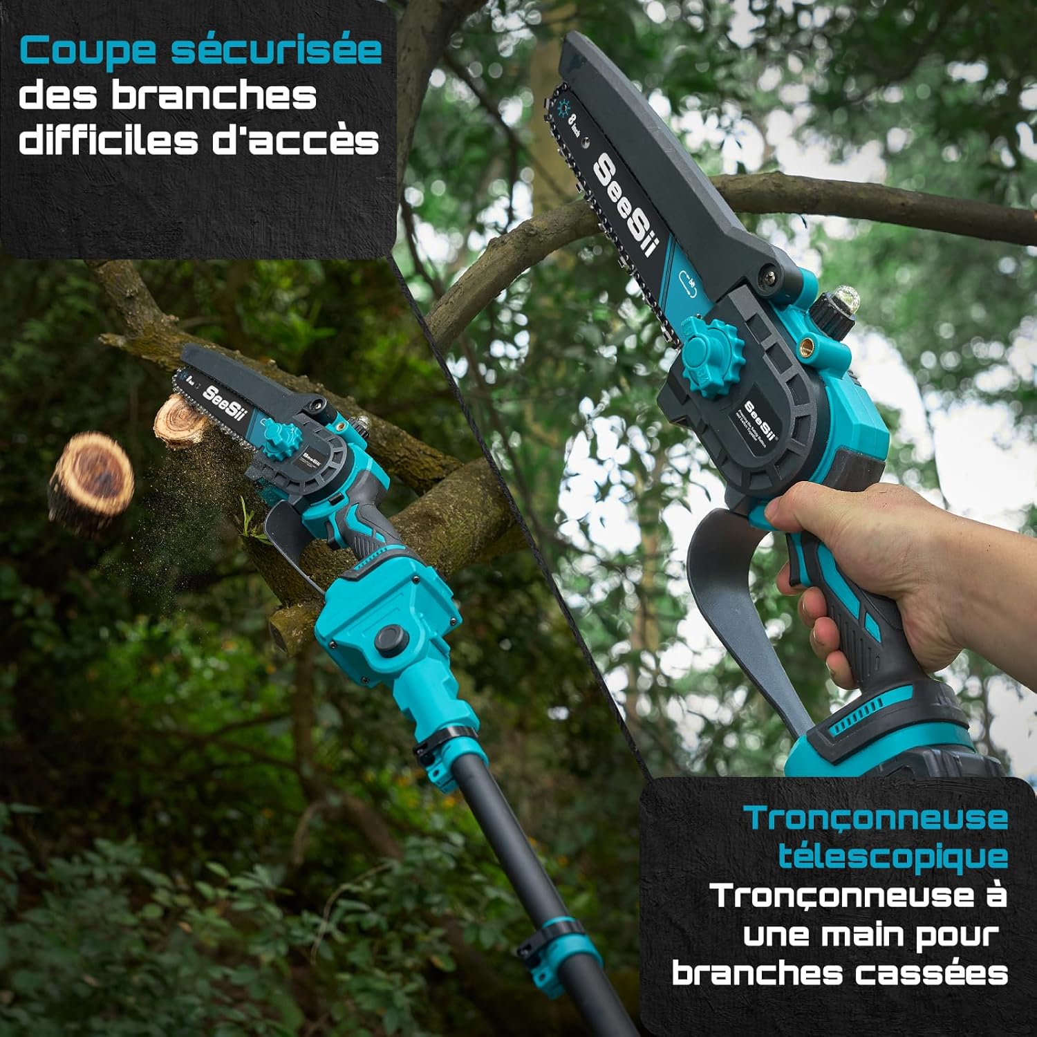 Detalle de SEESII PS810: Tronçonneuse et élagueuse sur perche 2-en-1, 8 pouces, 2 x 4000 mAh, portée 4,87 m
