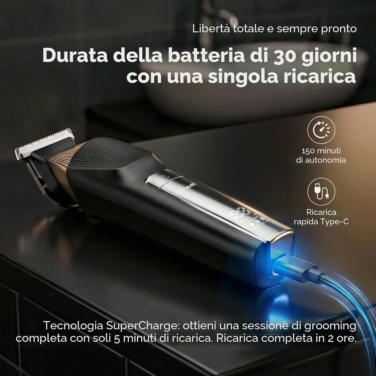 Detalle 2 de Yineel Regolabarba Rasoio Elettrico 6-in-1: kit professionale per taglio capelli, barba e corpo