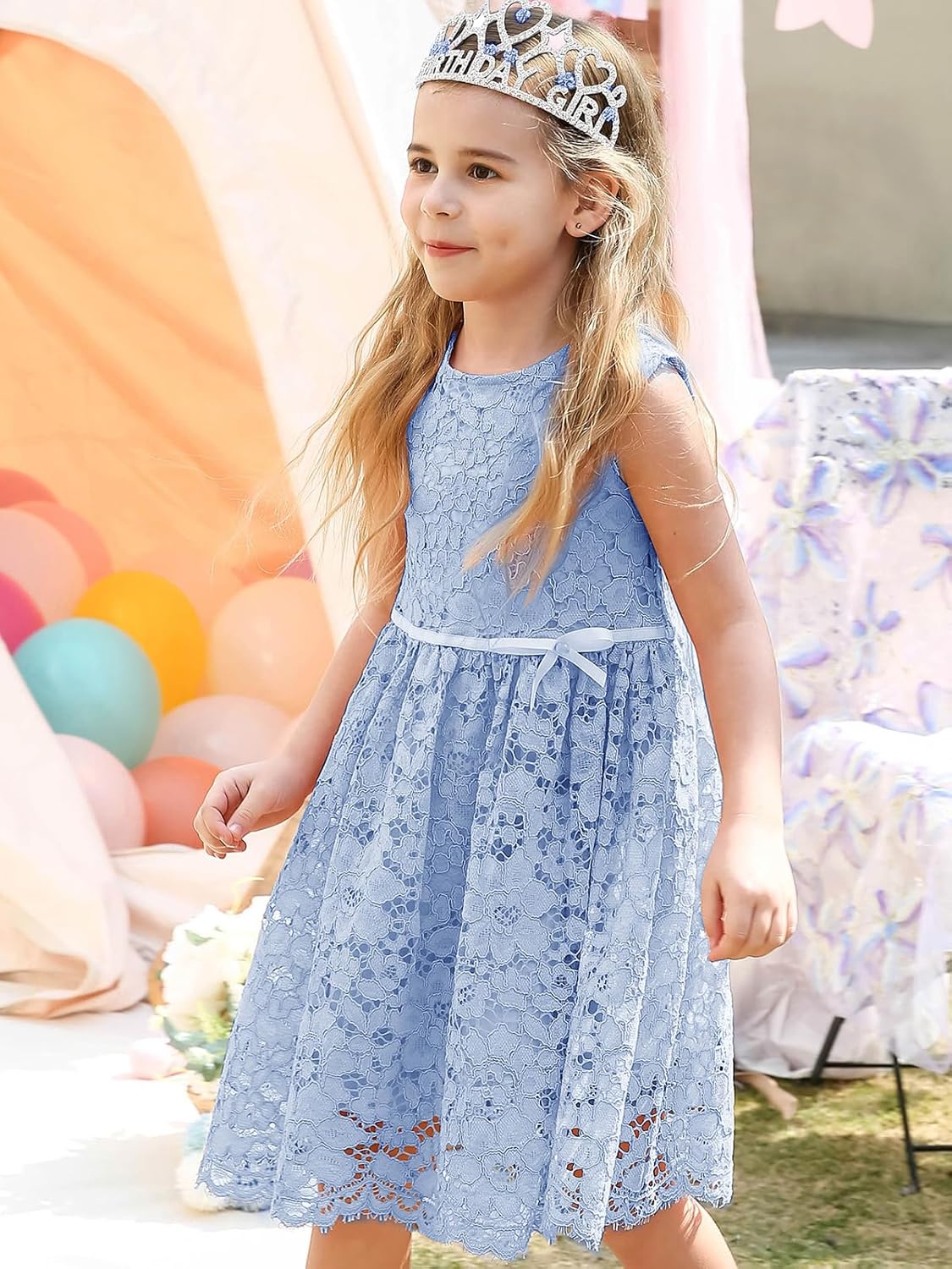Detalle de ALLOVIN Kleid für Mädchen & Kleinkinder – Ostern Spitzenkleid mit Perlen-Schleife, A‑Linie, knielang, 2–12 Jahre