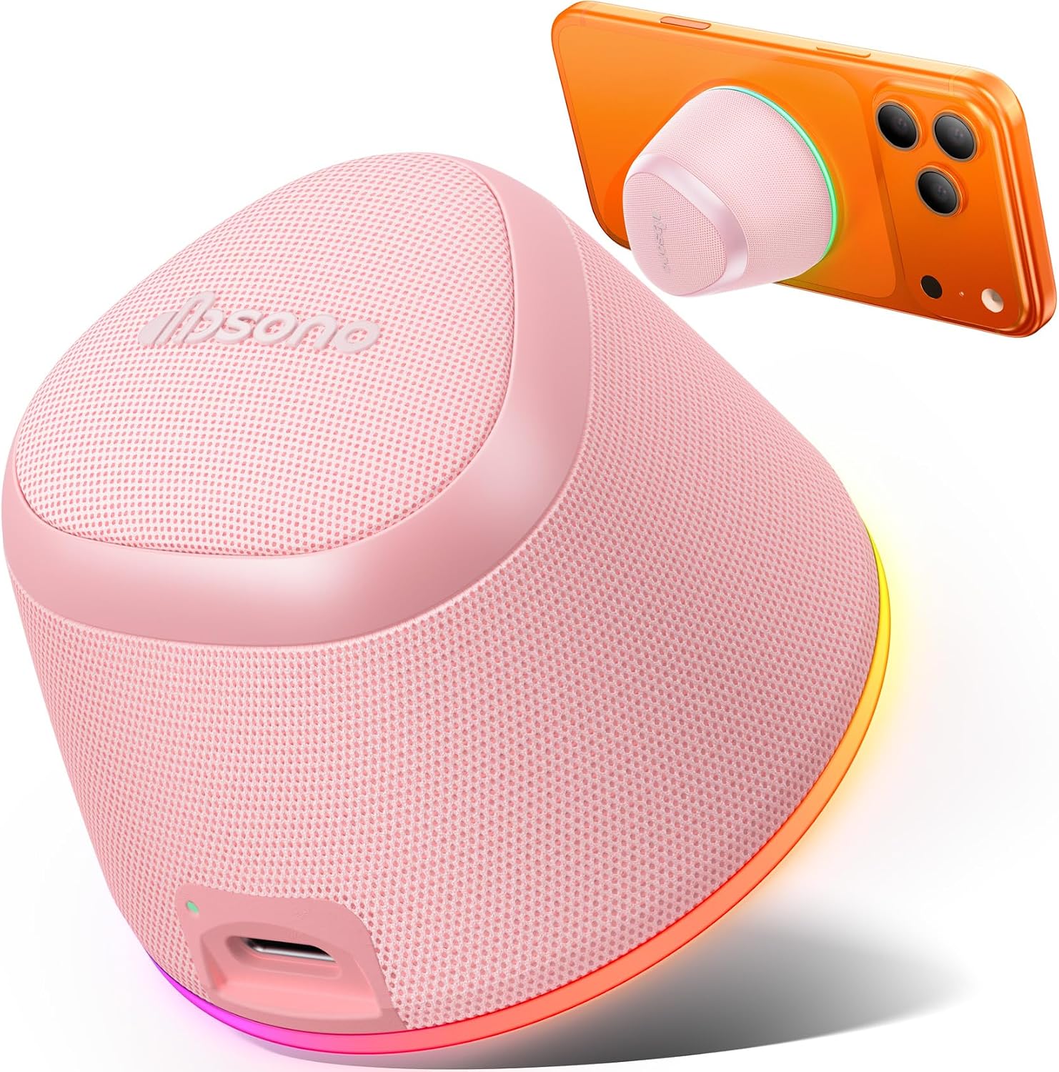 Portable 2-in-1 Bluetooth Speaker Phone Stand (Magnetic) with IPX5, 9 Light Modes & TWS – Rose Pink