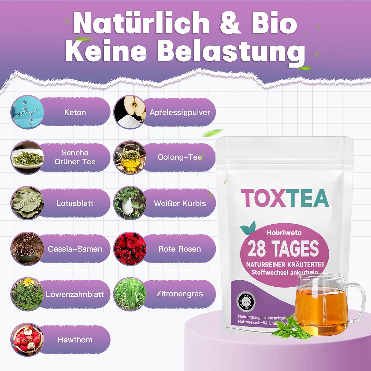 Thumbnail 4 de Detox Tee zum Abnehmen – 28 Tage Natürliche Kräutermischung mit Lotusblatt, Wintermelone, Cassia-Samen, Hawthorn & Grüner Tee