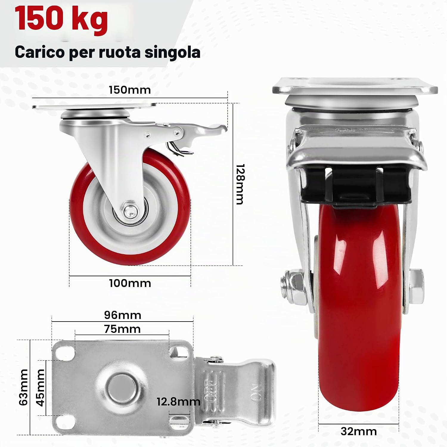 Detalle de Set 4 Ruote per Carrello Carichi Pesanti con Freno 100 mm – Gomma Piena Silenziosa, 600 kg