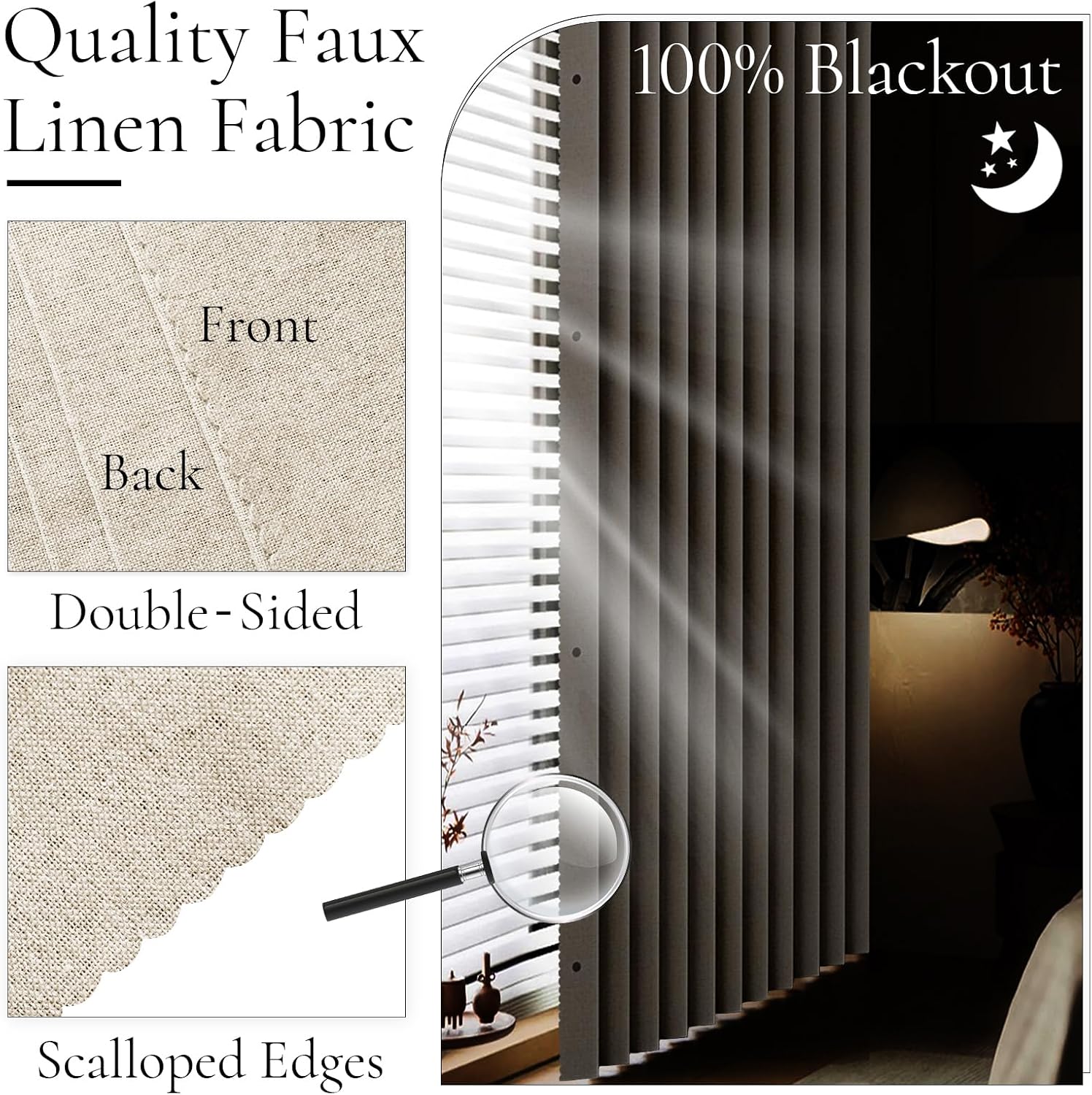 Detalle de HMYI 100% Blackout Faux Linen Doorway Curtain – 45x80, Accordion Style with Magnetic Buckles