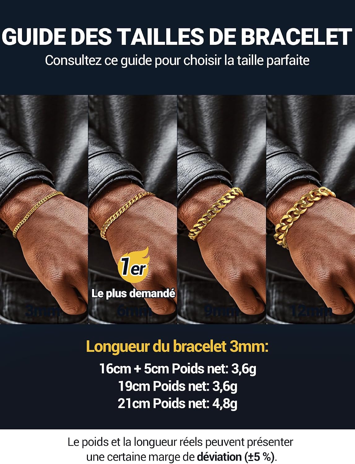 Thumbnail 4 de PROSTEEL Gourmette maillons cubains en acier inox 316L (ou plaqué or/noir) 3 mm à 12 mm – bracelet chaîne homme & femme