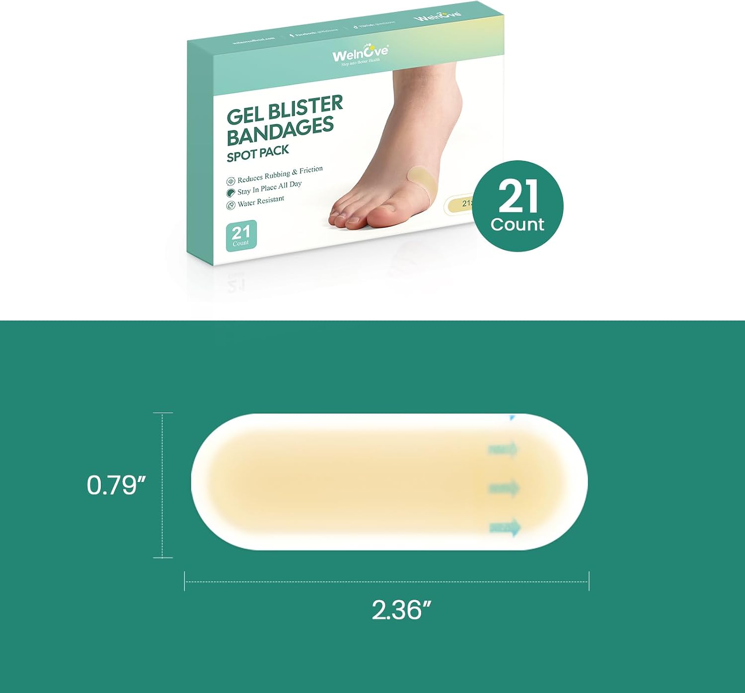 Thumbnail 6 de Welnove 21-Count Hydrocolloid Blister Bandages for Heel and Toe, Water-Resistant