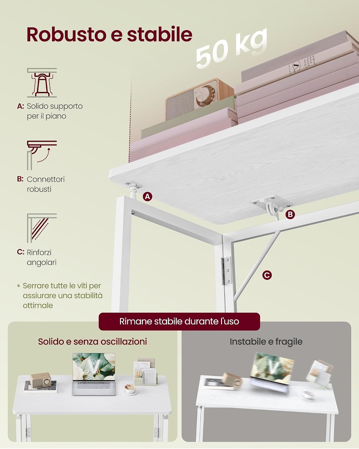 Detalle 2 de VASAGLE Scrivania per Computer Pieghevole LWD151WF01 — Piano unico, 80 x 40 cm, bianco neve