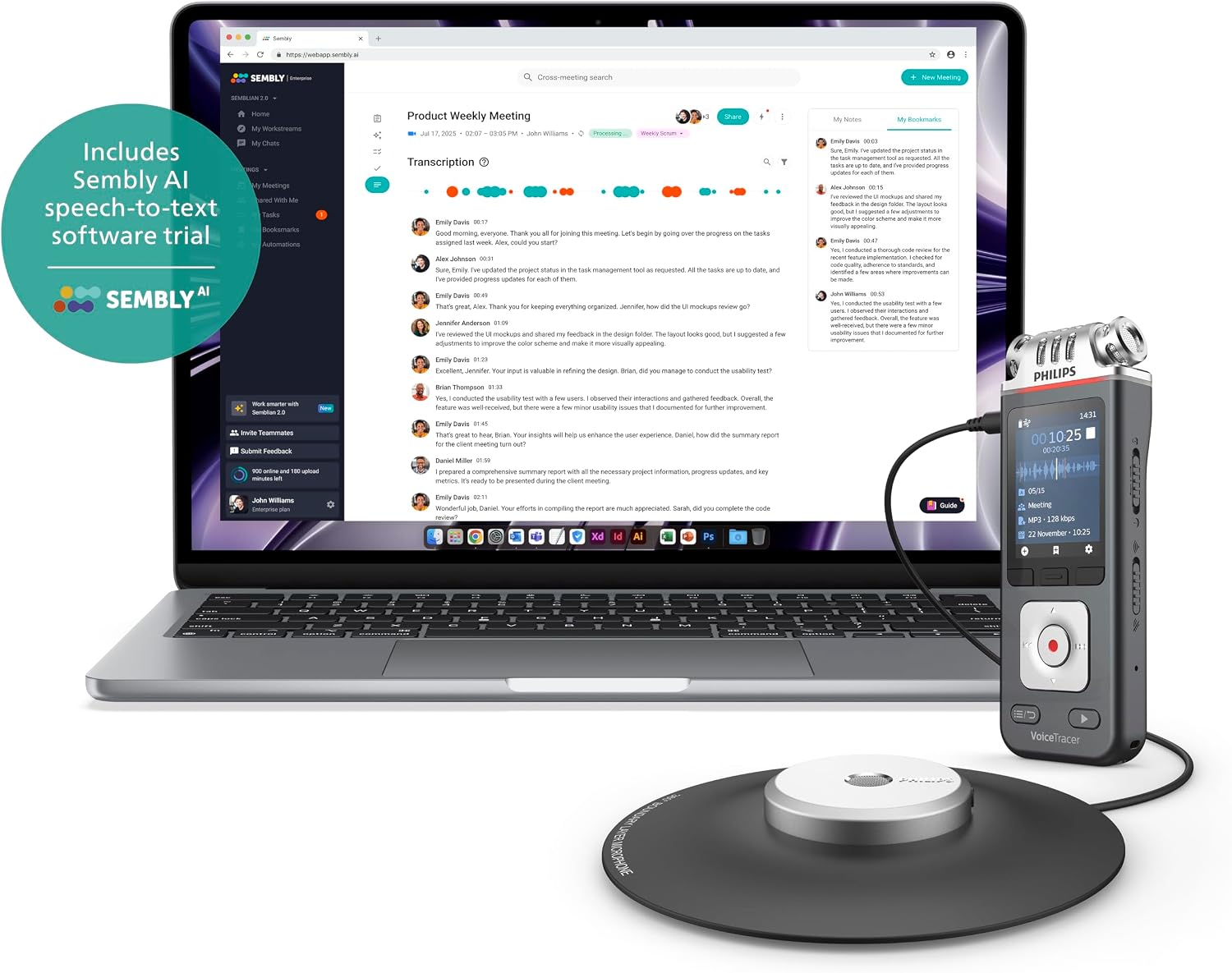 Detalle de Philips VoiceTracer DVT8115: registratore vocale per riunioni con microfono 360° e licenza AI Sembly