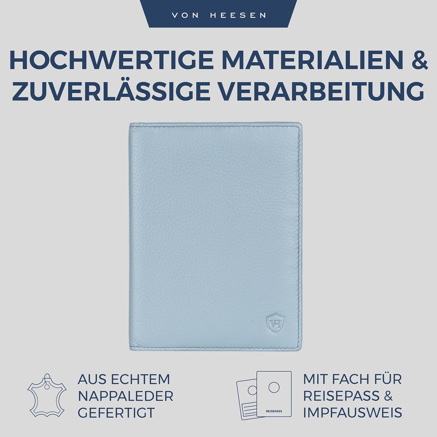Detalle de VON HEESEN Reisepasshülle Leder Etui mit RFID-Schutz – Passhülle und Organizer aus Nappaleder (Hellblau)