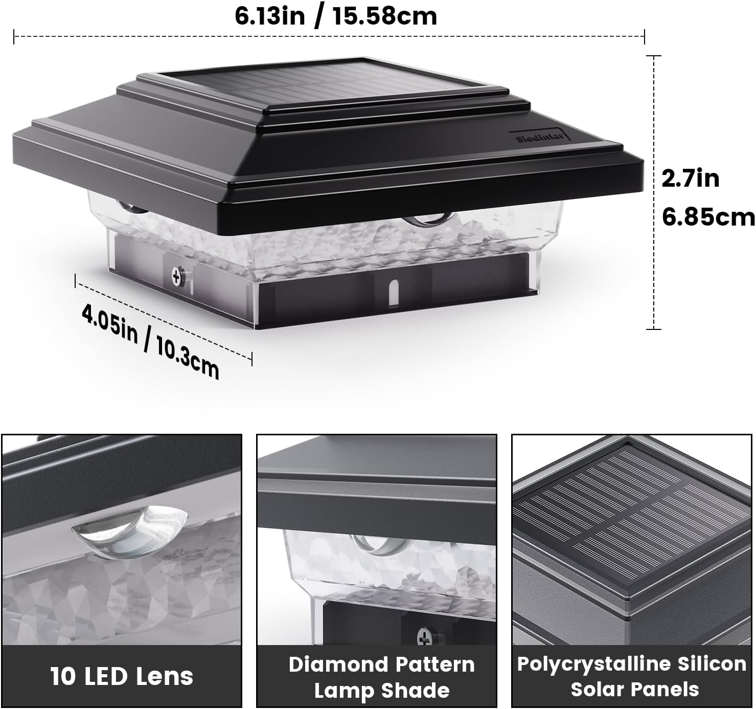 Detalle 2 de Siedinlar Solar Post Lights Outdoor: IP44 Waterproof, 2 Colour Modes, 2 Pack