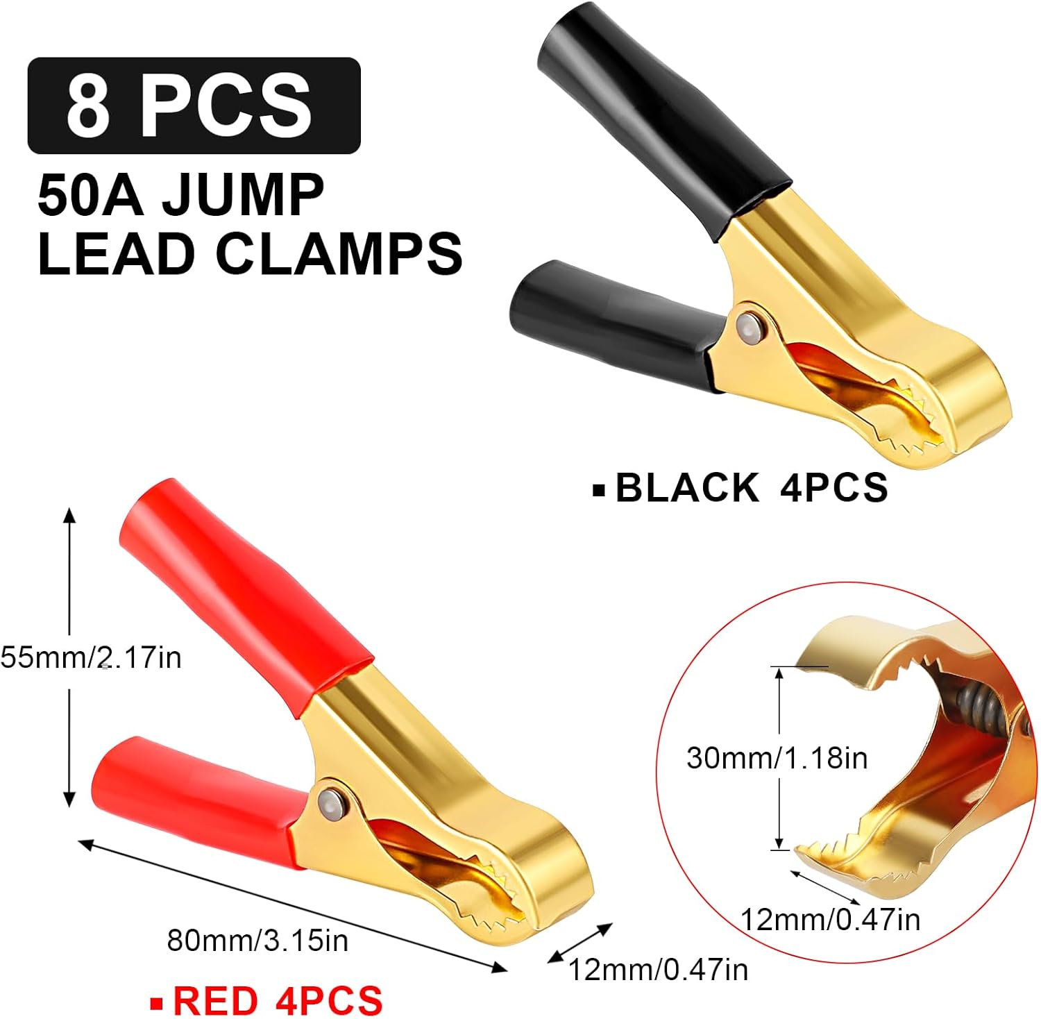 Detalle de Nadisean 8Pcs 50A Jump Lead Clamps — Heavy Duty Copper Crocodile Clips (80mm, Red & Black)