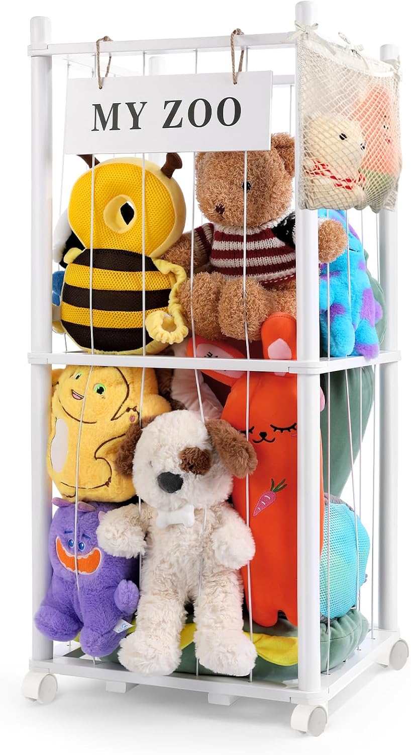 Detalle de GLDZI Stuffed Animal Storage Wooden Organizer, Small White with Wheels