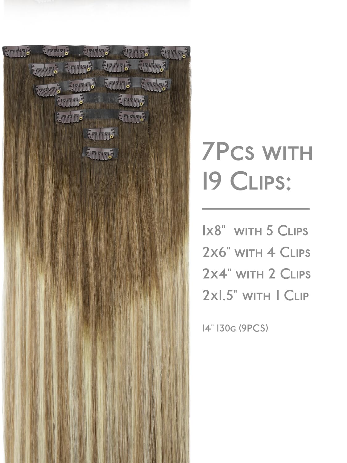 Detalle de WENNALIFE Real Human Hair Clip-In Extensions, 20 inches, Ombre Walnut Brown to Ash Brown & Bleach Blonde, Seamless PU Weft