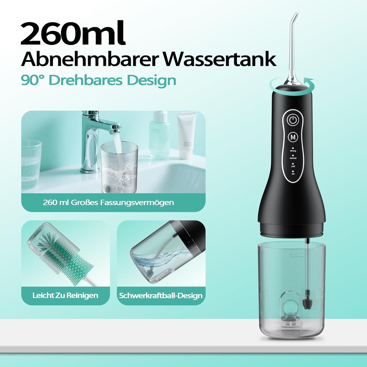 Detalle 2 de Cordless Water Flosser for Teeth (260ml) with 4 Modes, IPX7 Waterproof & 40-Day Battery