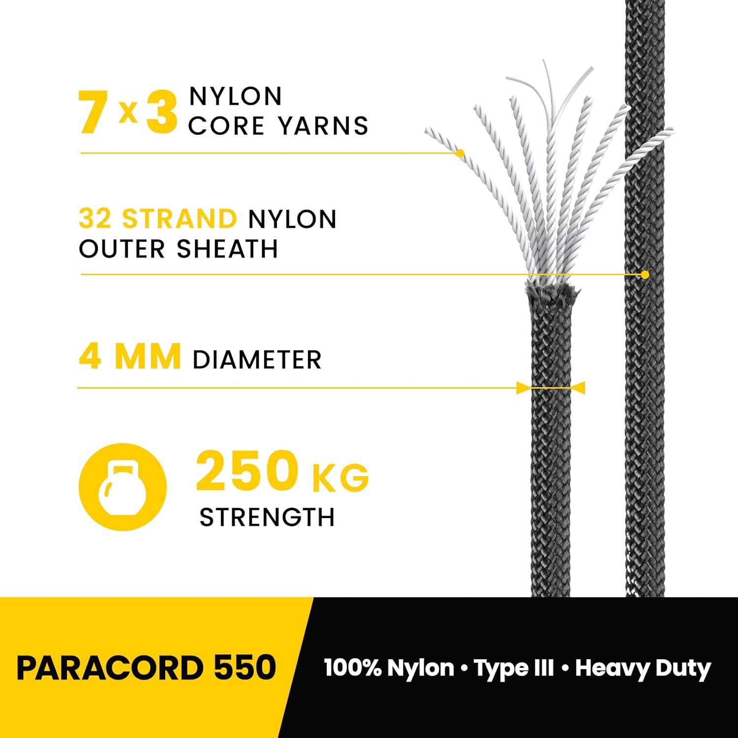 Thumbnail 2 de Kamu Synber 550 Paracord 4mm 10m Type III 7 Strands Nylon Rope – Black (Not for Climbing)