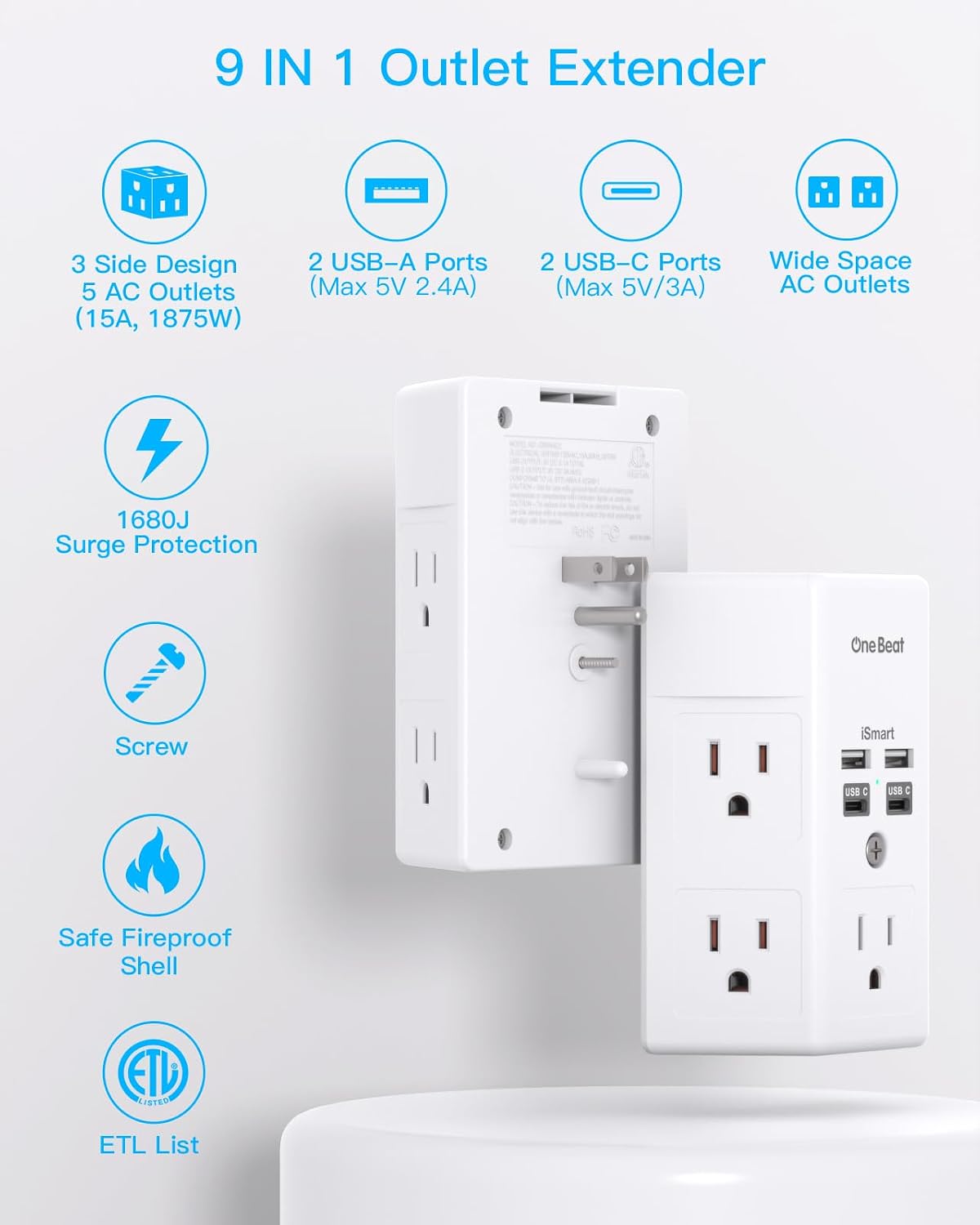 Detalle 2 de One Beat 1680J Power Strip 9‑in‑1 ⚡