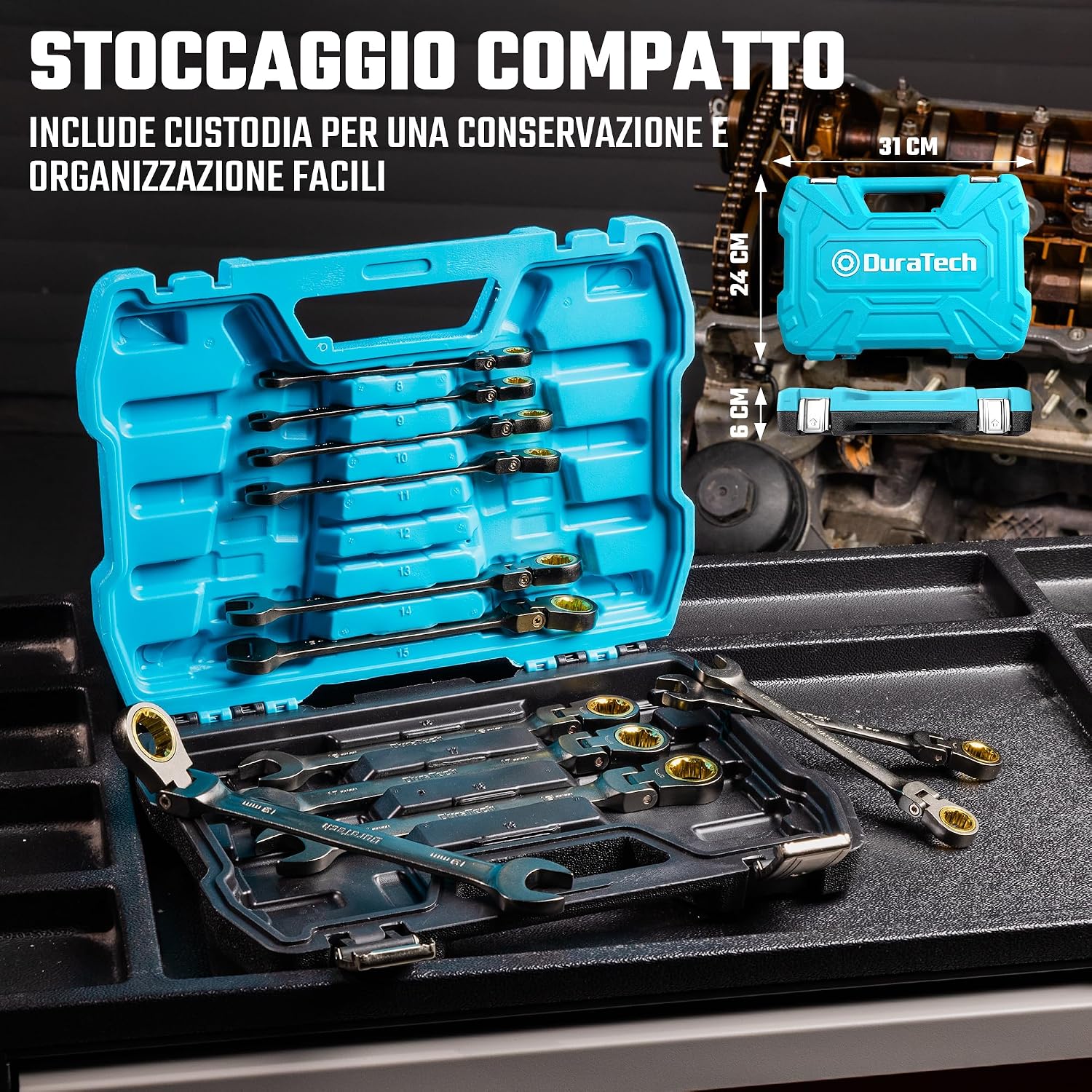 Thumbnail 6 de DURATECH set di 12 chiavi combinate a cricchetto con testa flessibile CR-V, 8–19 mm, 72 denti in valigetta