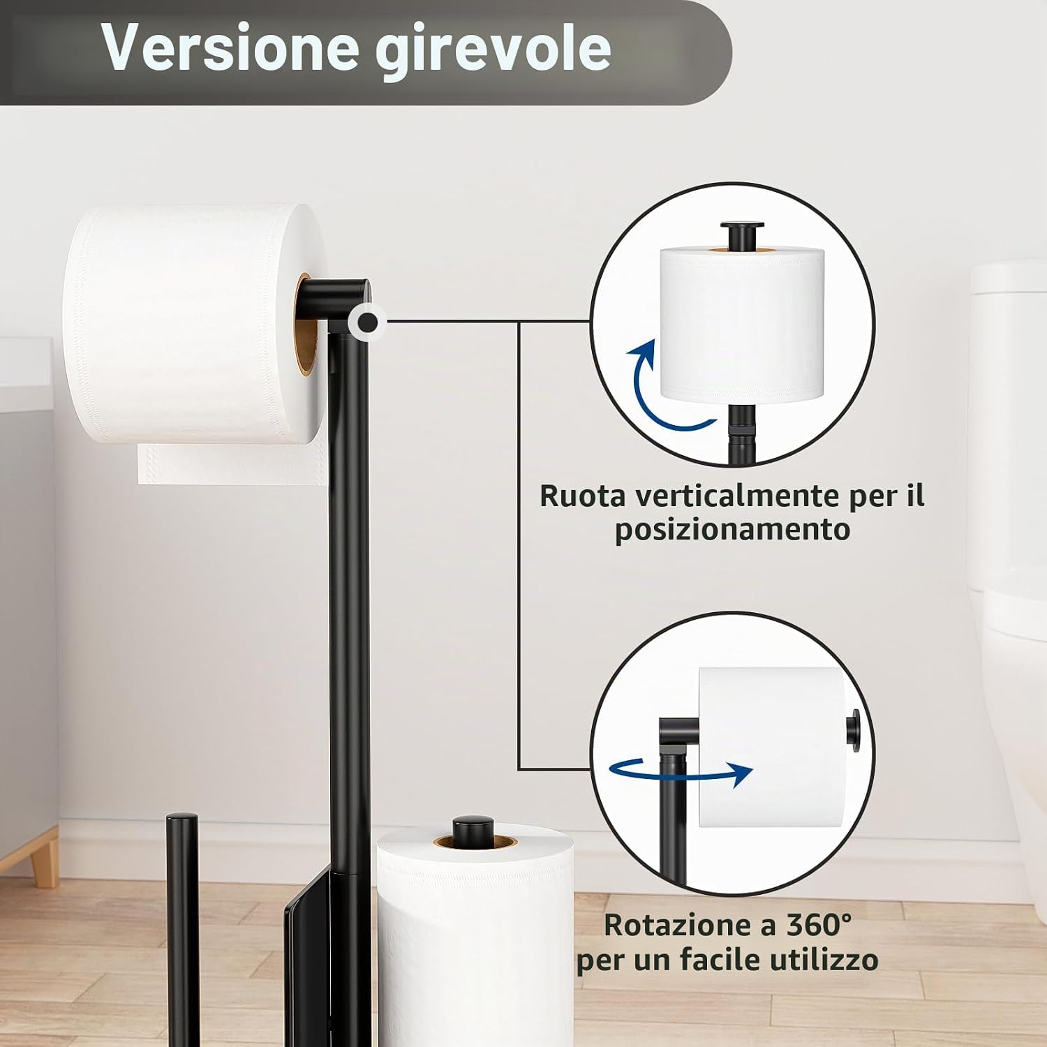 Detalle 2 de Susswiff Piantana Portarotolo e Scopino – Porta Carta Igienica Nero con Vetro e Spazzolino WC, acciaio inox, in piedi