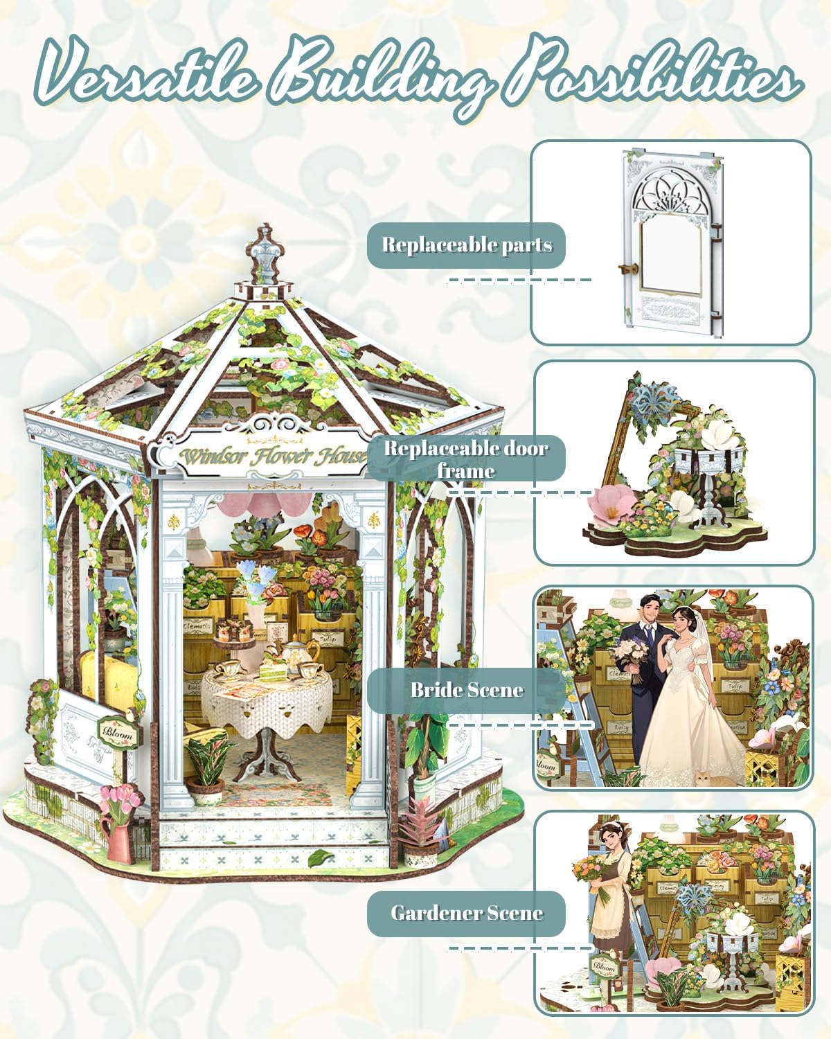 Detalle de CUTEBEE Windsor Flower House – Europäisch-retro 3D-Puzzle Book Nook Set