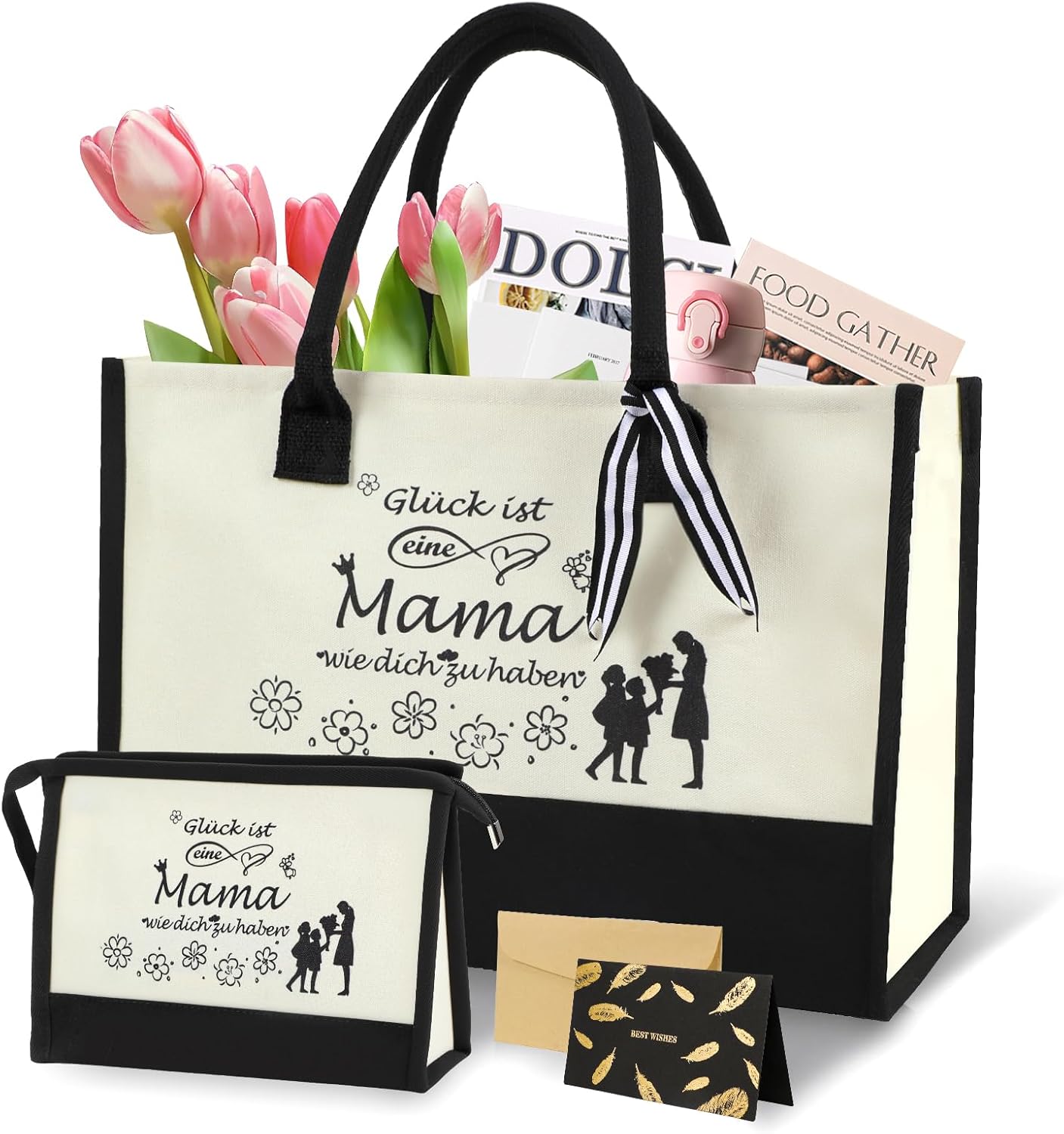 Detalle de Seutgjie Set „Geschenke für Mama“ mit Canvas-Tasche, Kosmetiktasche, Glückwunschkarte und Reh-Anhänger