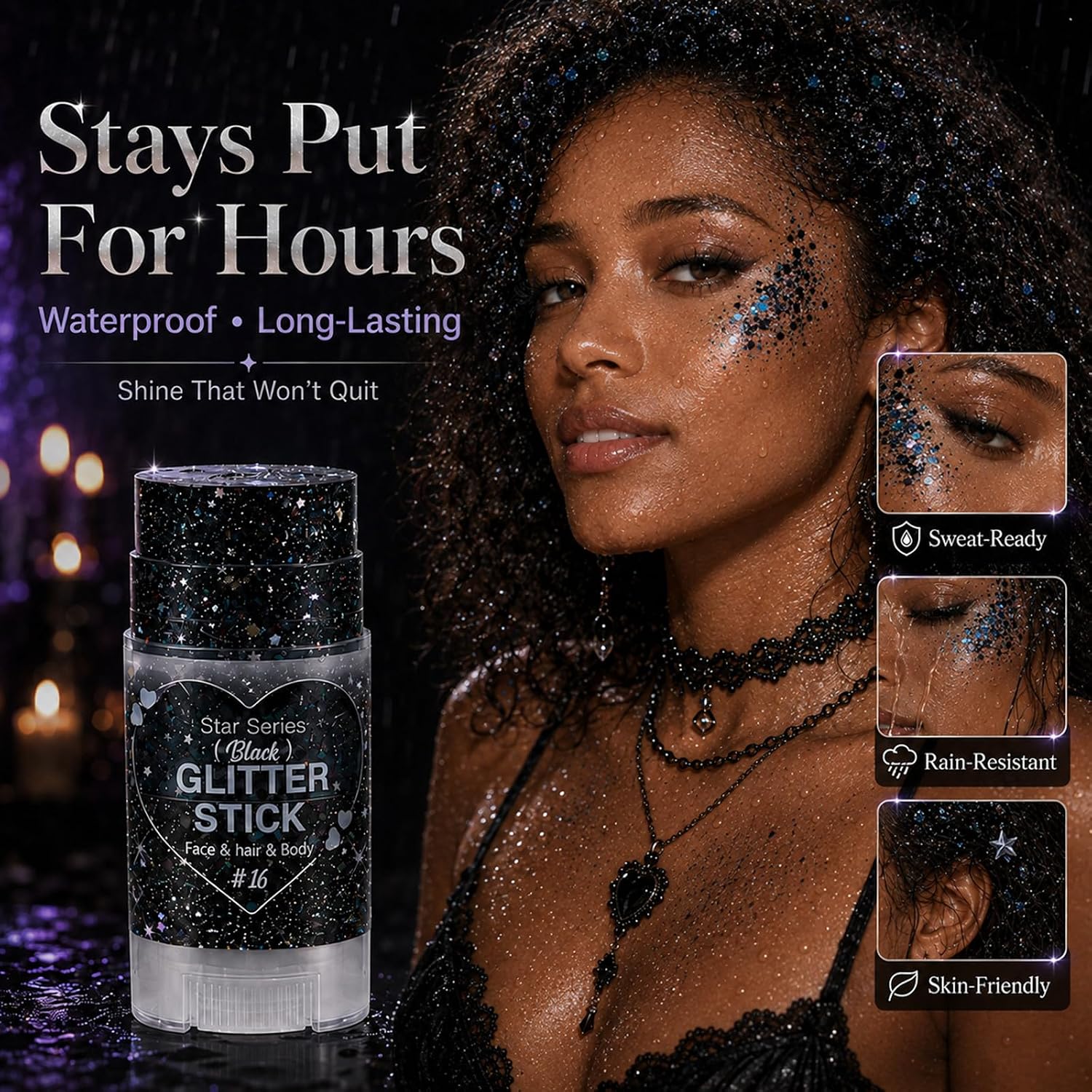 Detalle de Go Ho WLG-346-16-US Black Glitter Stick, Waterproof Hexagonal Shimmer
