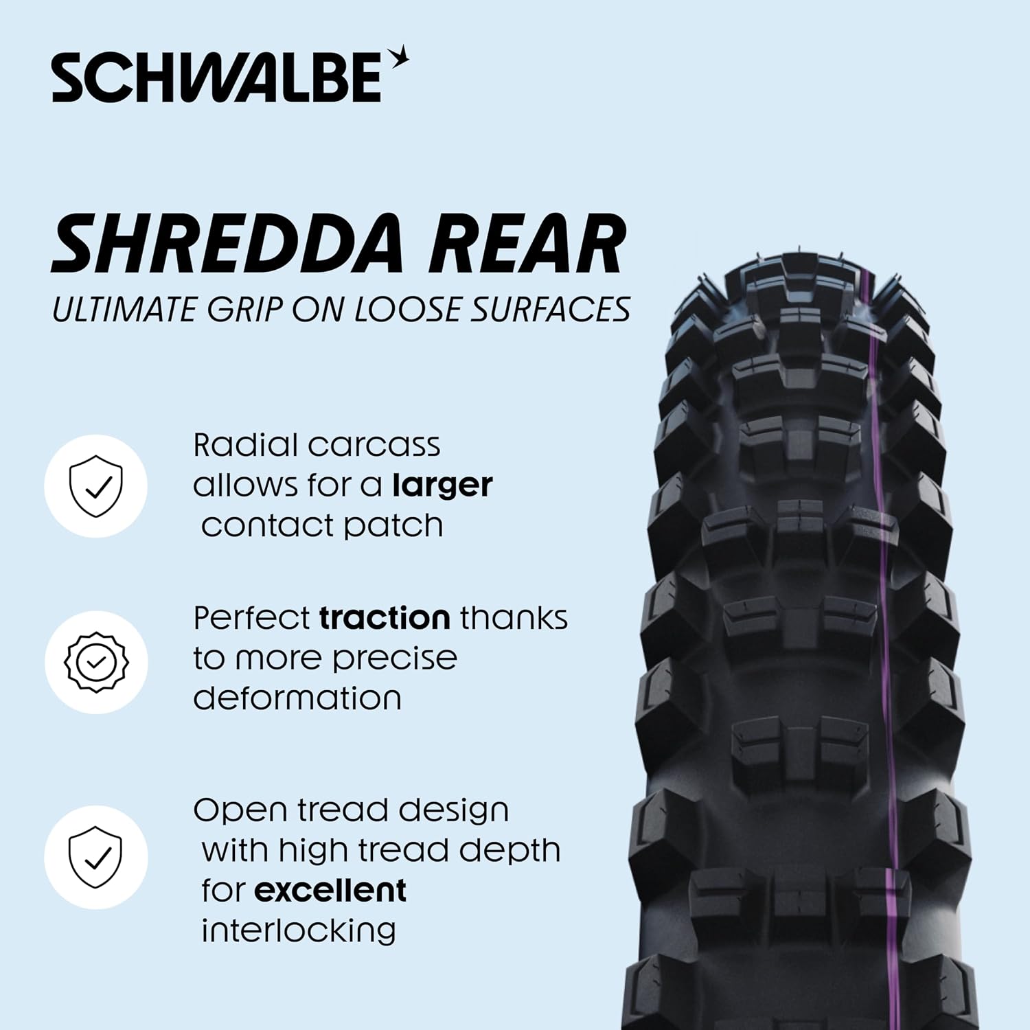 Detalle de Schwalbe Shredda Rear TLR Folding Tyre – traction et stabilité optimisées par carcasse radiale