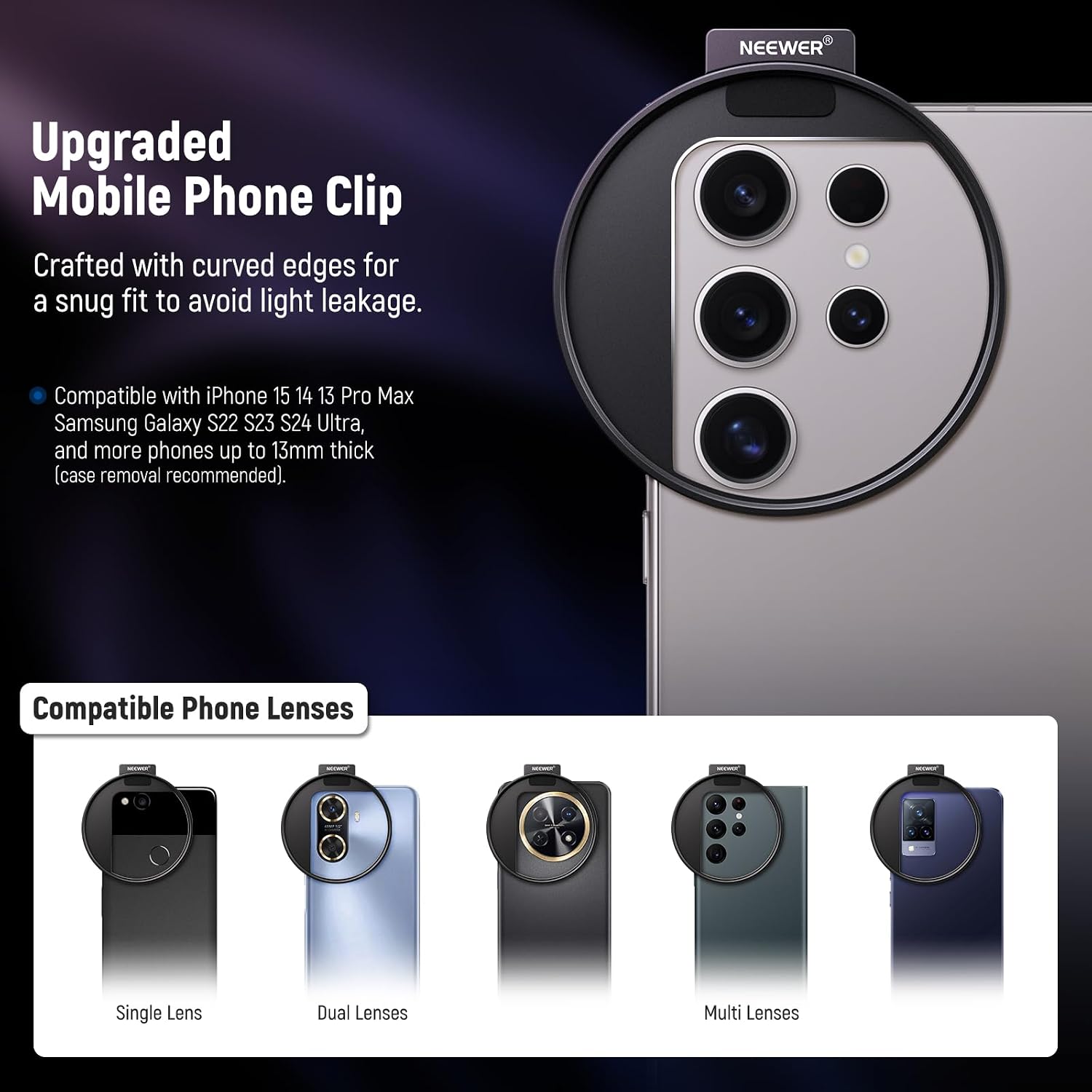Detalle de NEEWER Kit filtri ND variabile 67mm ND2–ND32 per lenti telefono con Phone Clip e attacco Cold Shoe