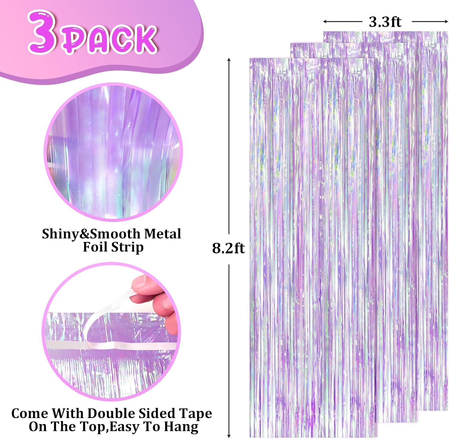 Thumbnail 1 de Voircoloria Iridescent Party Backdrop 3Packs – Transparent Tinsel Foil Fringe Curtain for Mermaid, Unicorn, and Birthday Parties