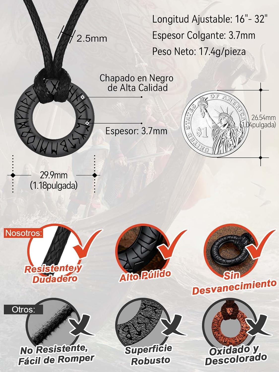 Thumbnail 5 de FaithHeart Collar Vikingo con runas en acero inoxidable 316L (negro, círculo pequeño) para hombre y mujer