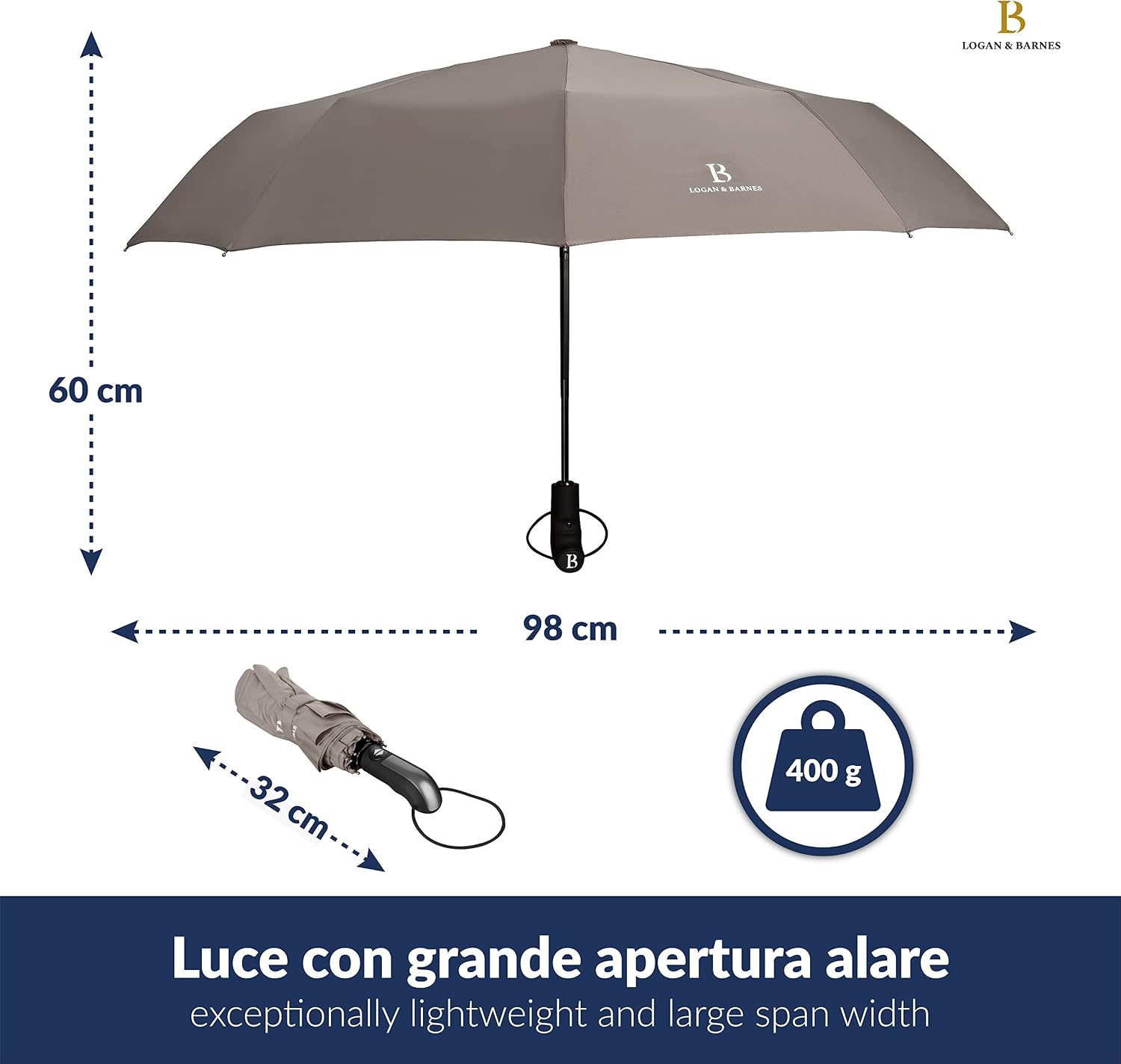 Detalle de Ombrello Pieghevole Automatico Manchester di Logan & Barnes – resistente al vento fino a 140 km/h