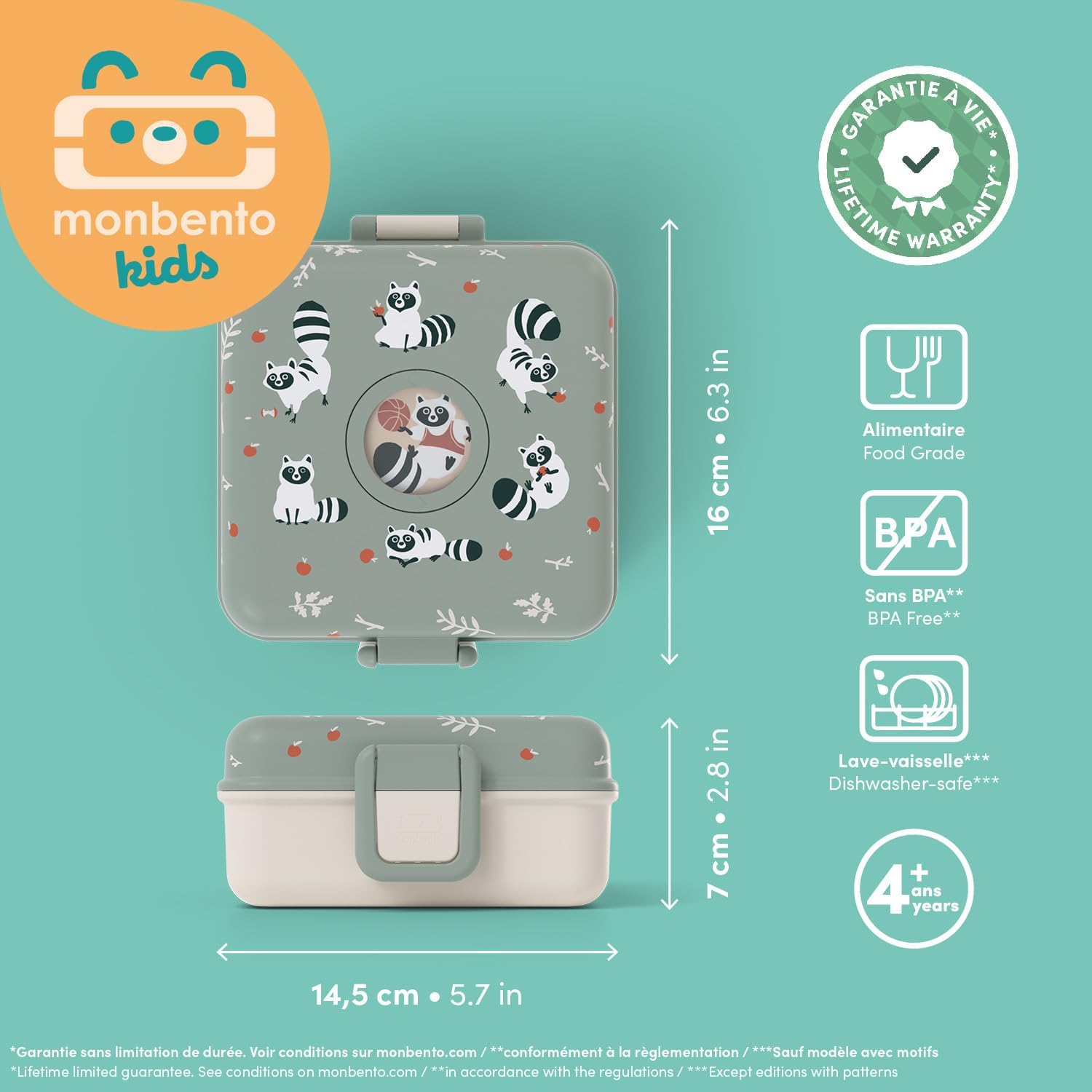 Thumbnail 4 de monbento Snacky Bambini verde Raccoon – porta panino e merenda personalizzabile con posate incluse, senza BPA