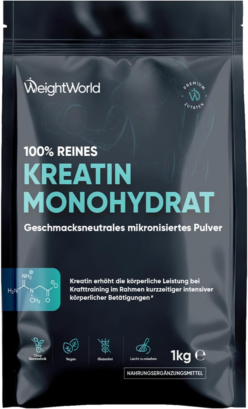 Detalle de Creatin Monohydrat Pulver 1kg (WeightWorld) – mikronisiert, 330 Portionen, vegan, geschmacksneutral
