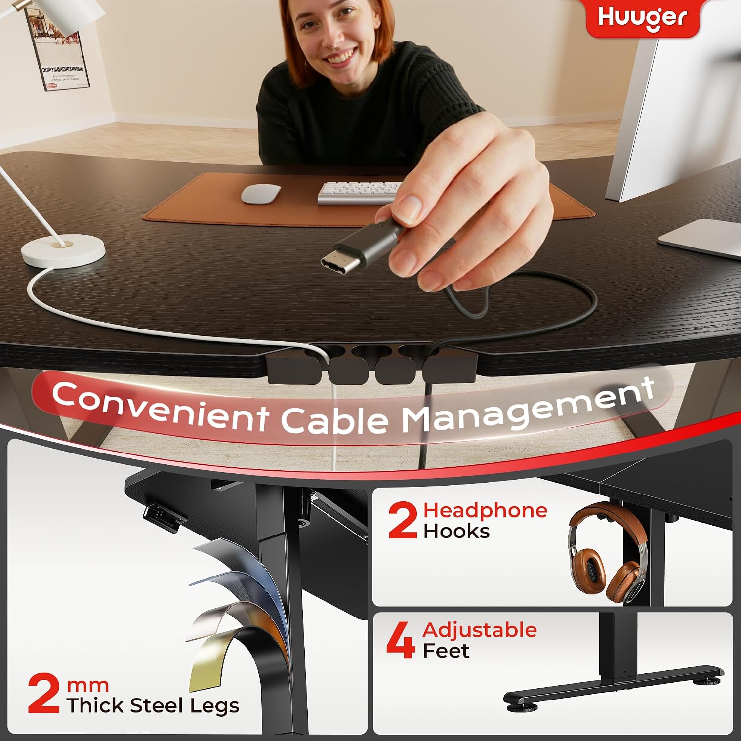 Detalle de Huuger 47.2-Inch Electric Standing Desk with USB-C and 3 Presets, Black