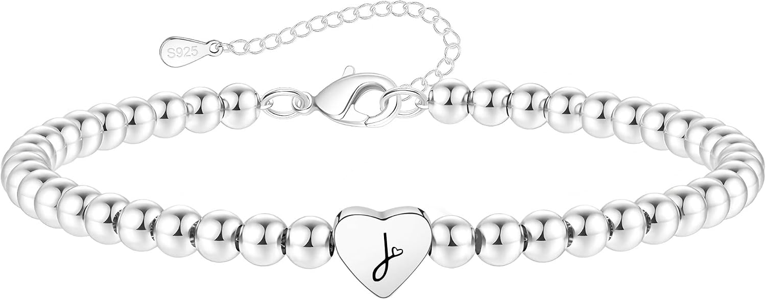 Crownette S925 Silver Bead Bracelet with Heart Initial Letter Charm (Adjustable)