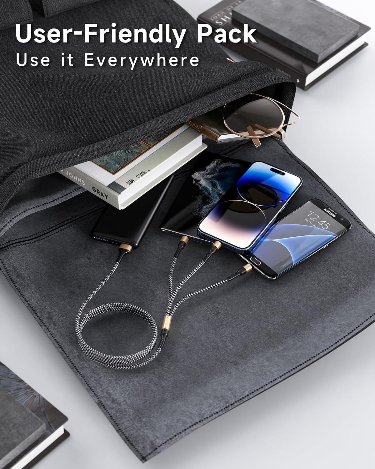 Detalle de RAVIAD Multi USB Kabel 2M – 3-in-1 Nylon-Ladekabel mit Micro USB, USB-C und Lightning