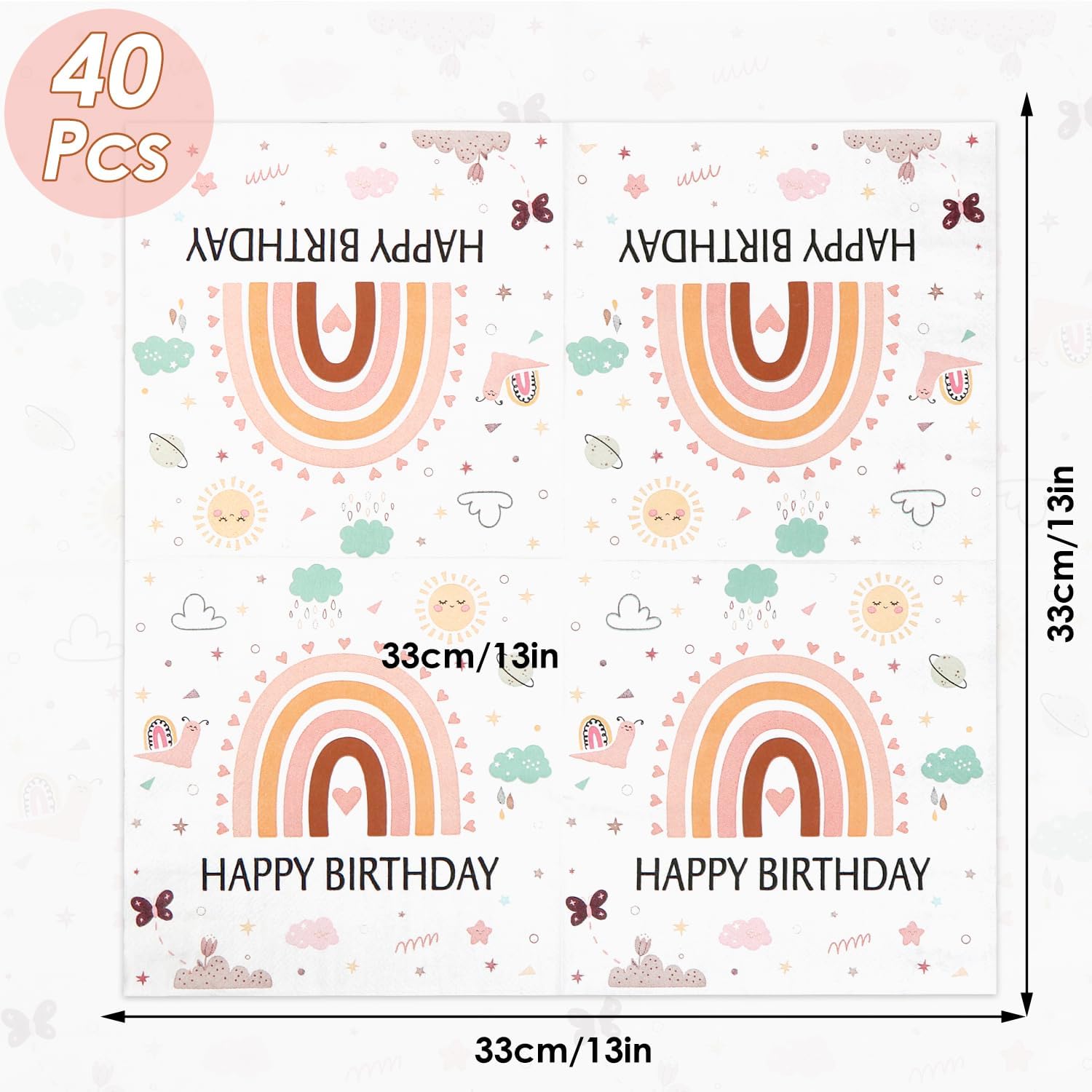 Thumbnail 1 de 40 x Regenbogen Geburtstag Servietten „Happy Birthday / Schön dass du da bist“ – 3-lagig, 33 x 33 cm (gefaltet 16,5 x 16,5 cm)