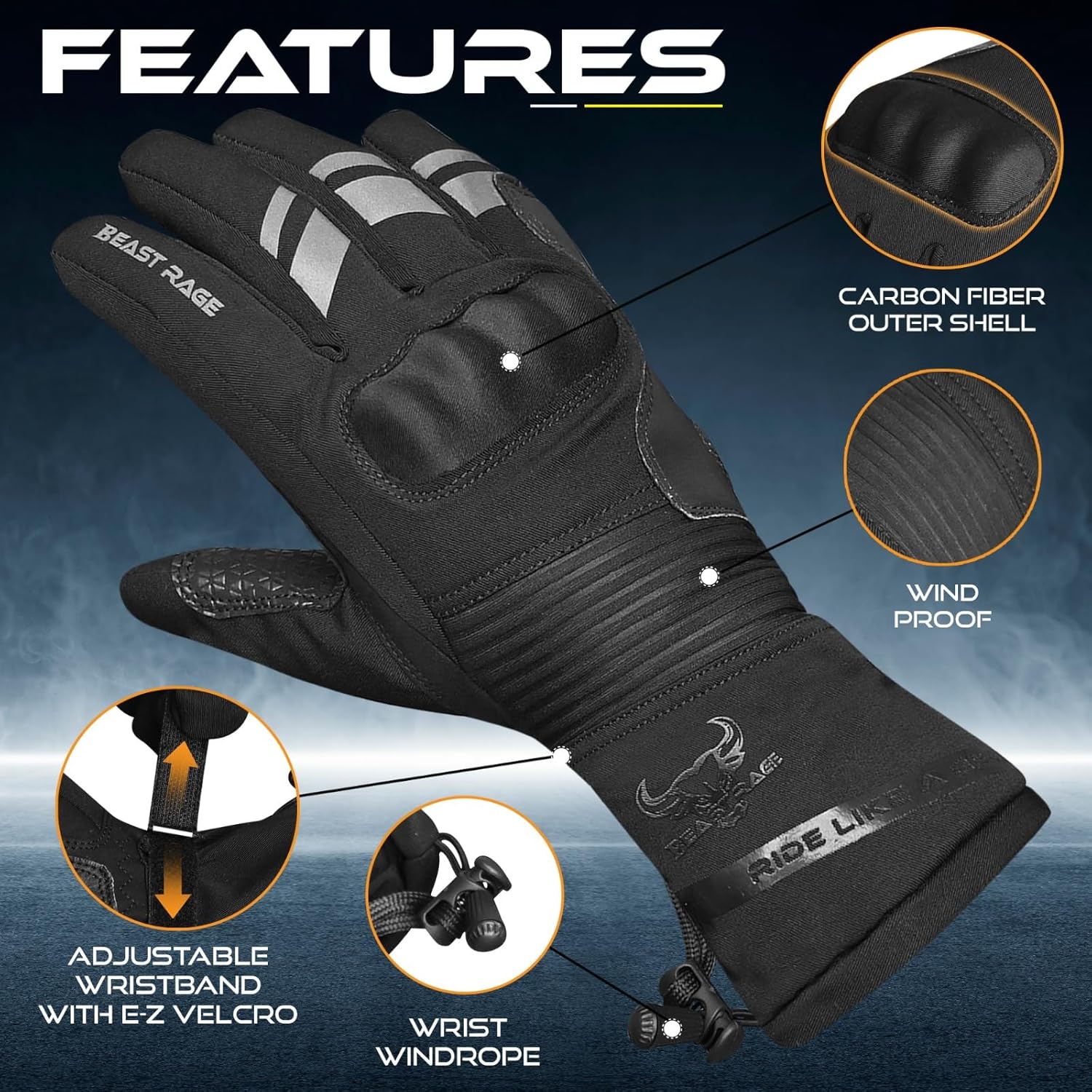 Detalle de BEAST RAGE Gants de Moto – Marché hiver, imperméables et antigel, écran tactile, protection renforcée