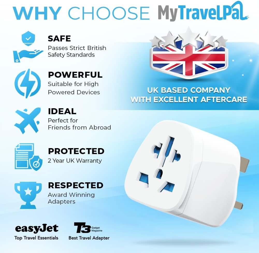 Detalle 2 de MyTravelPal World to UK Plug Adapter | Universal Travel Adaptor with 10A Fuse