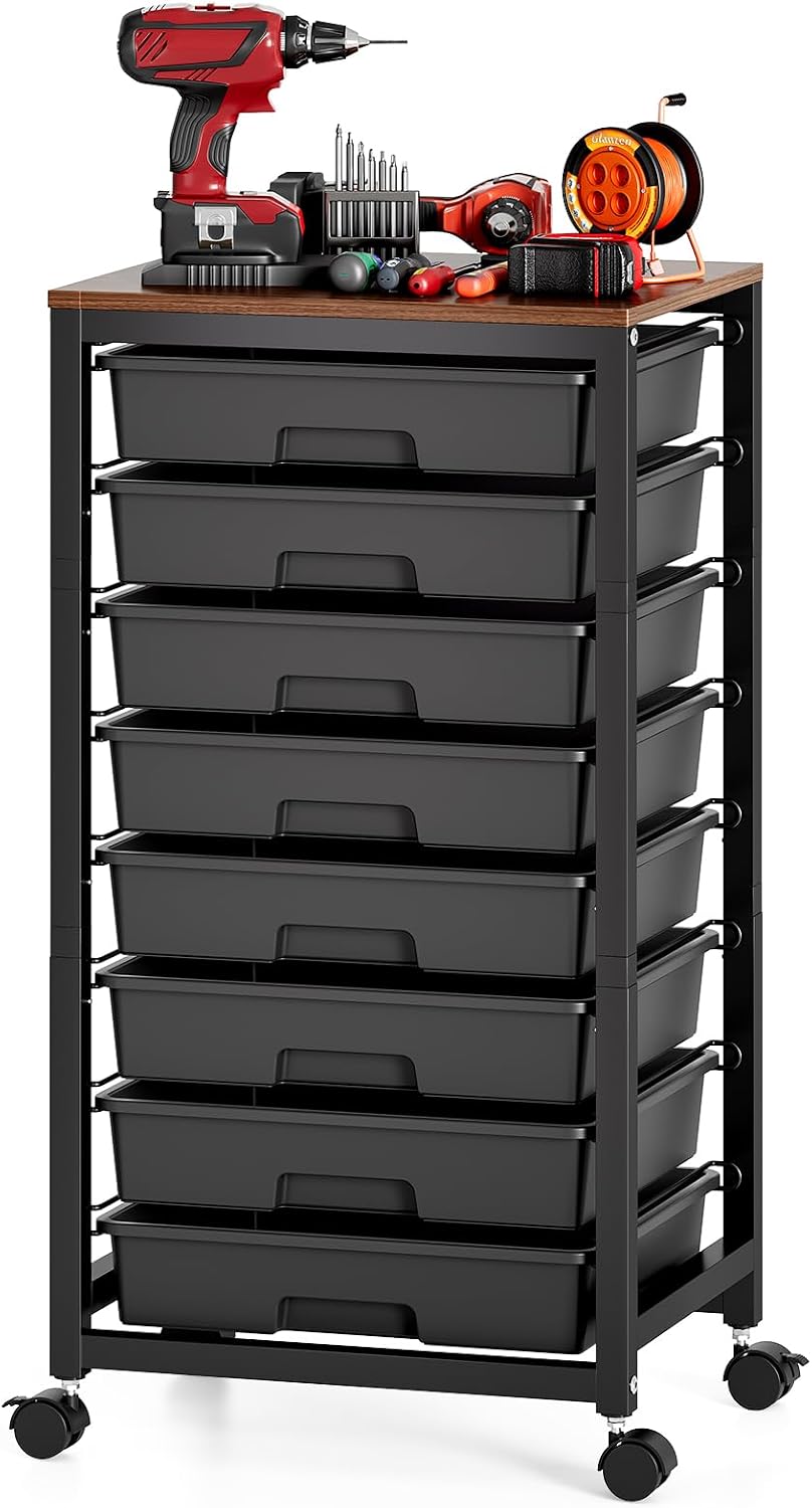 Detalle de SYKIARIOL 1250-BLACK Rolling Storage Cart with 8 Drawers and Wooden Tabletop