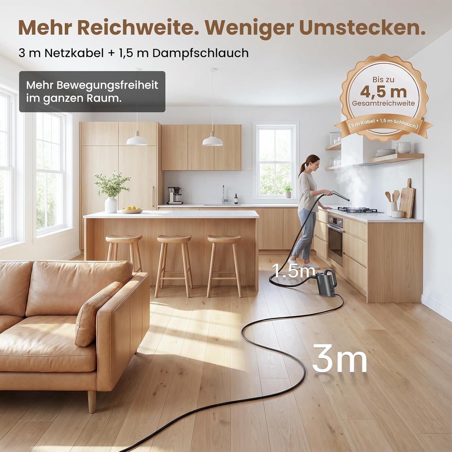 Thumbnail 6 de AbleMark Dampfreiniger Handgerät 550 ml Tank – 1500 W, chemiefrei, 16 Zubehörteile, 15–20 Sekunden Start, flexibel 1,5 m Schlauch