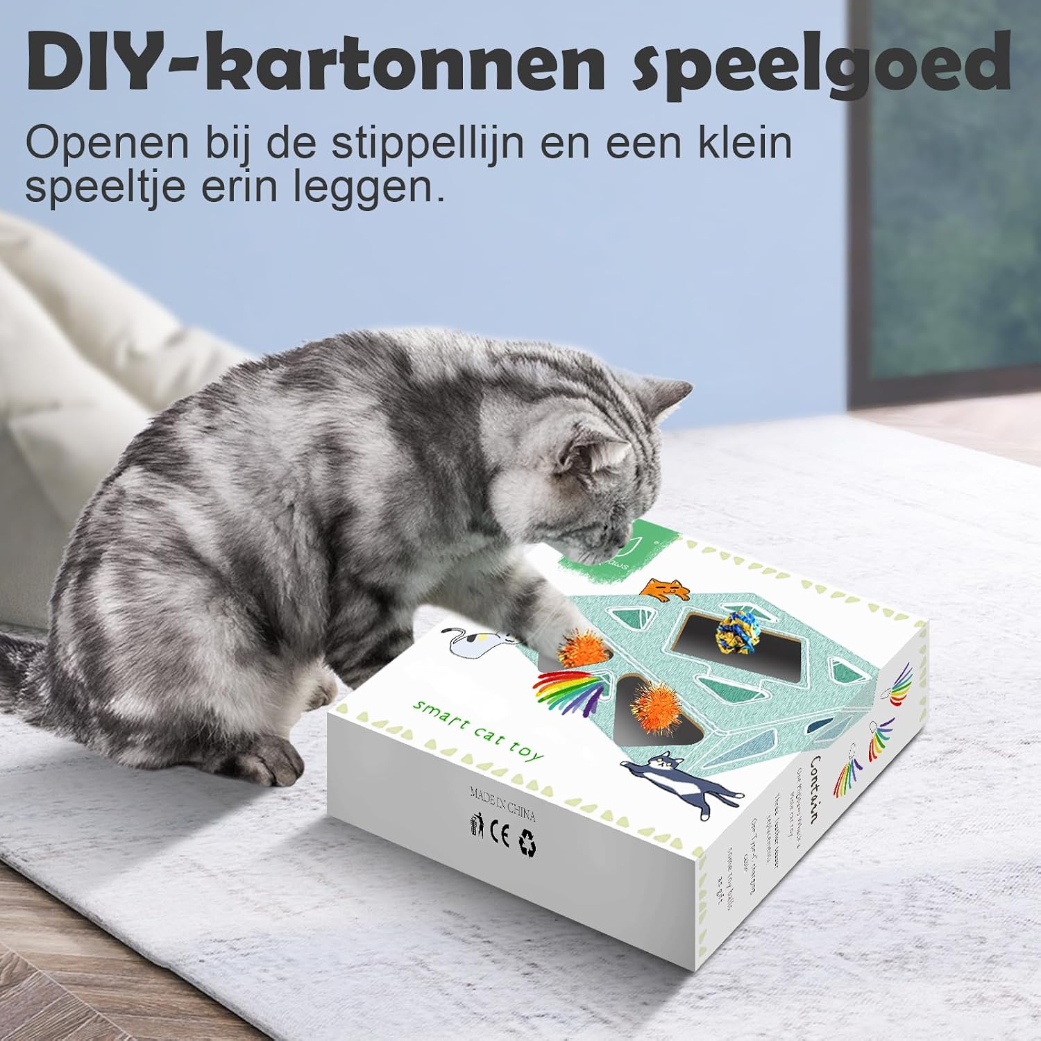 Detalle de Migipaws MigiBox kattenspeelgoed met 7 gaten, bewegingssensor en USB-C