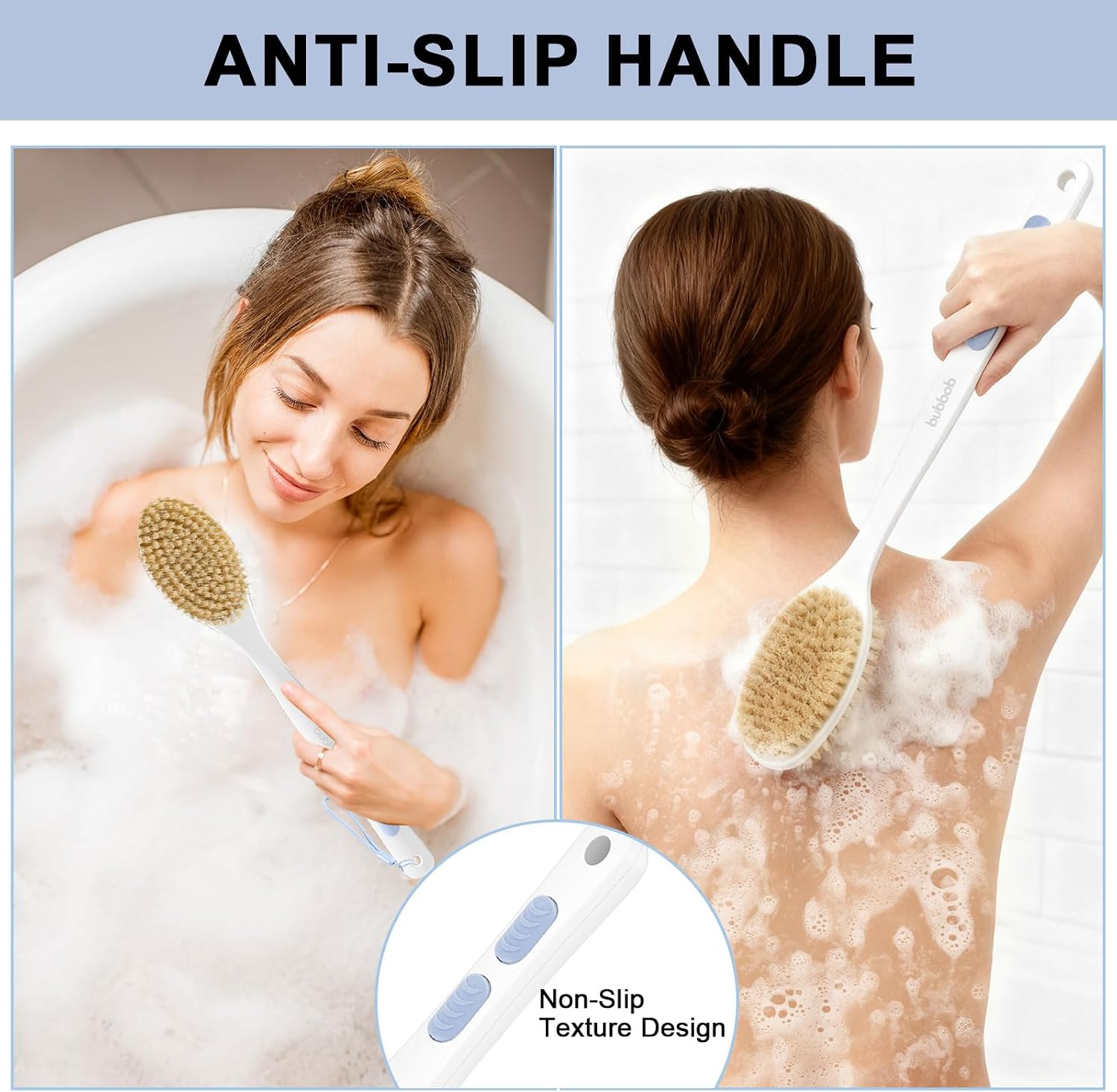 Detalle de Bubbob Back Scrubber with Long Handle — Dual-Sided Exfoliating Bath Brush (Blue)