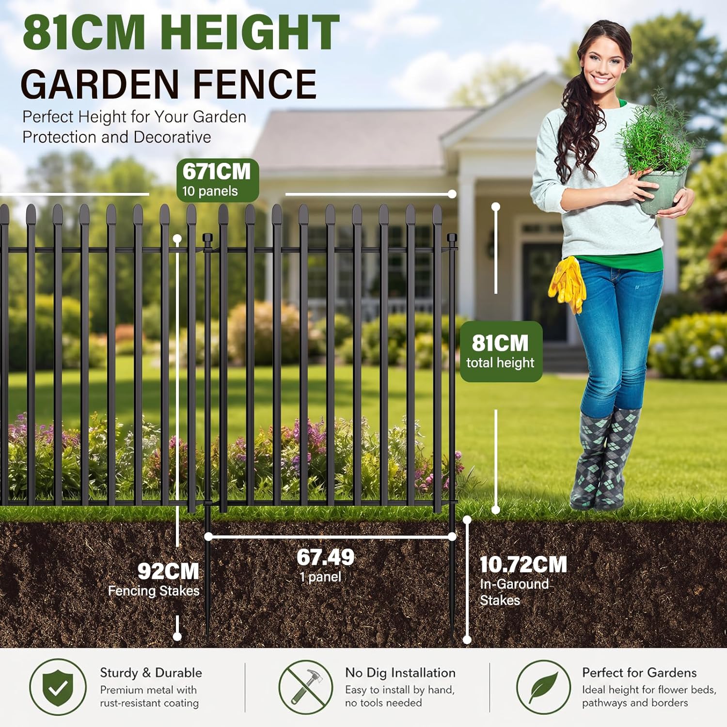 Detalle de Kingido 10 Panels No Dig Decorative Garden Fence with Gate, 81 cm H x 671 cm L