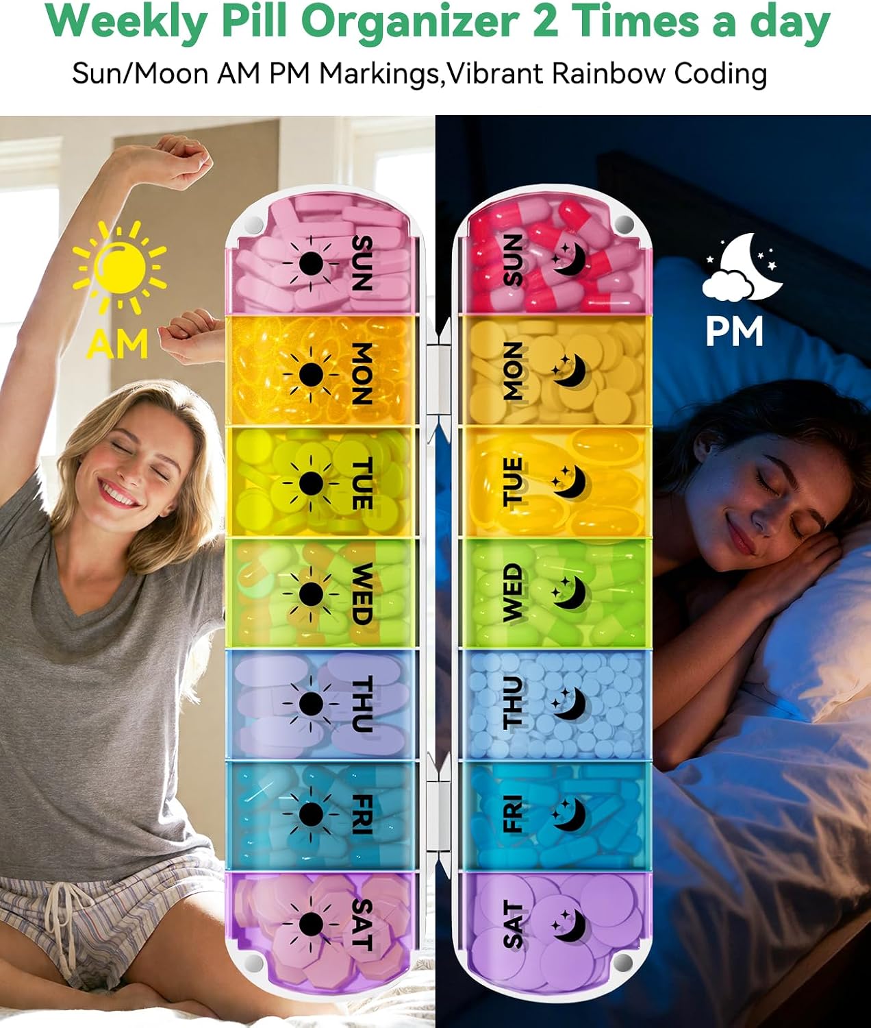 Detalle de Cotatoc EK-313 Foldable Weekly Pill Organizer, Magnetic AM/PM Box