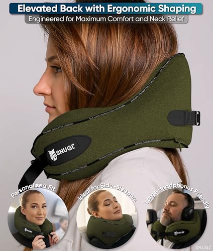 Detalle de SNUGL Travel Pillow, Adult Regular Memory Foam Neck Pillow, Olive Green